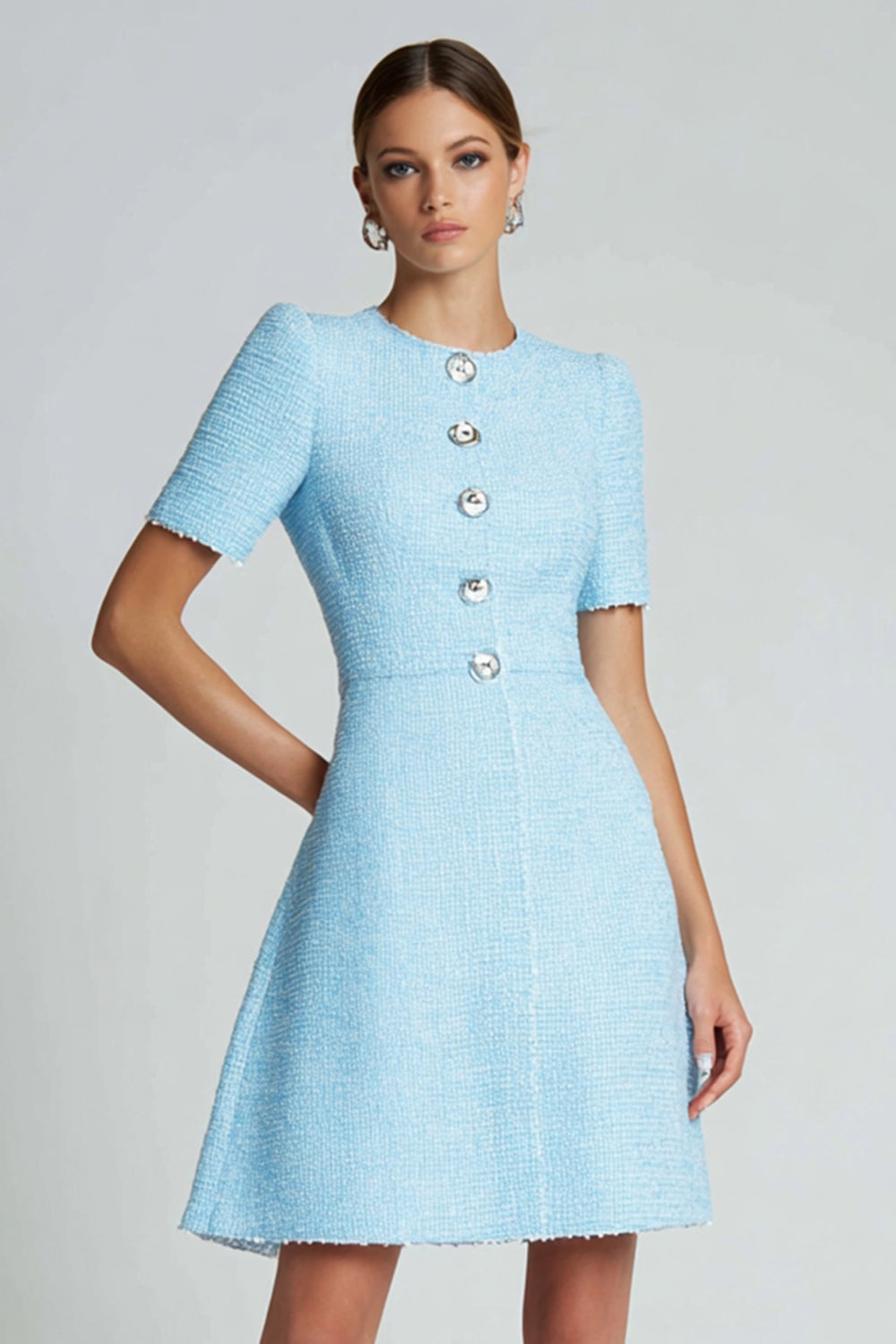 Tweed Blue A Line Buttons Short Sleeves Homecoming Dress