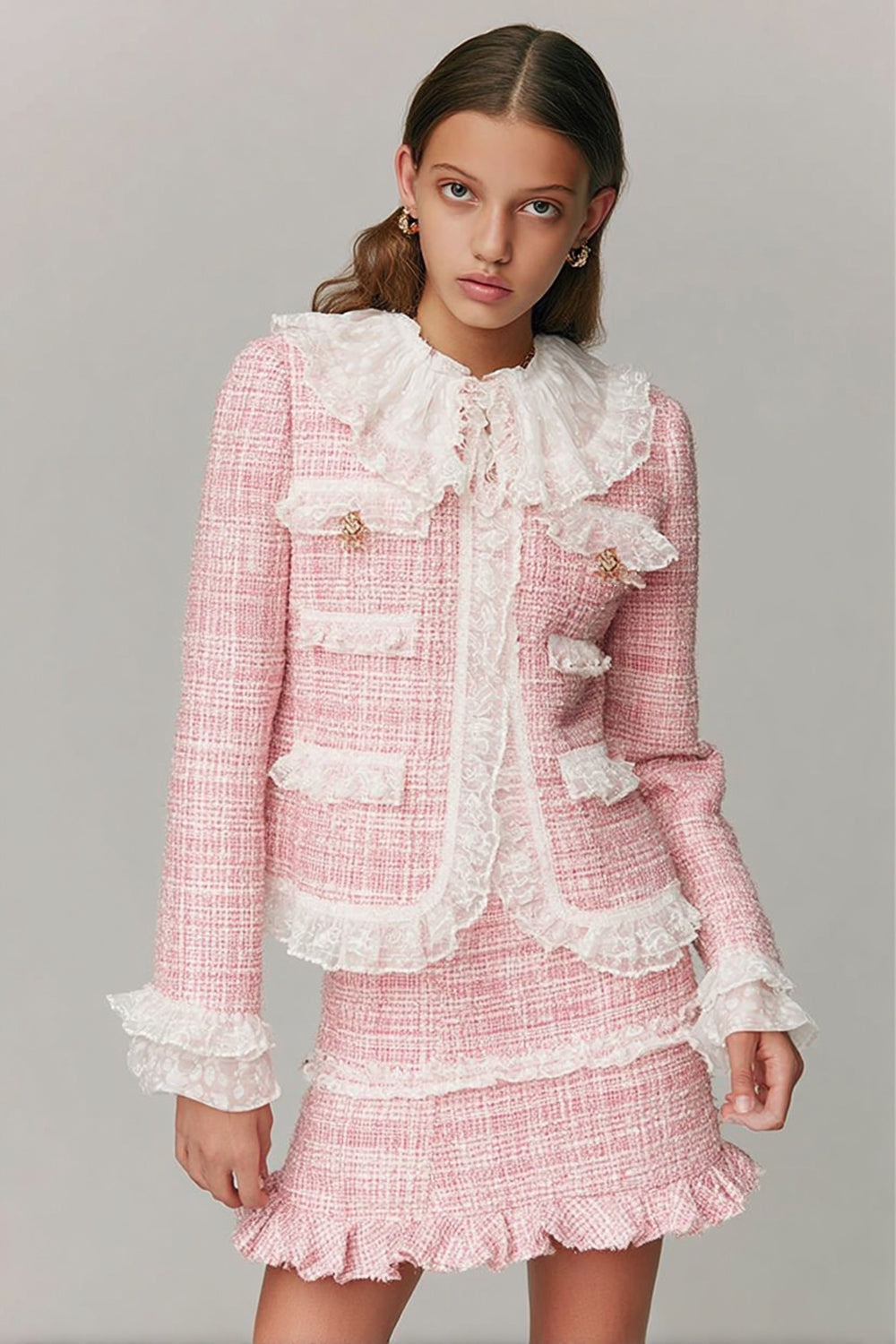 Pink Short Tweed Bodycon Peter Pan Collar Homecoming Outfits with Ruffles