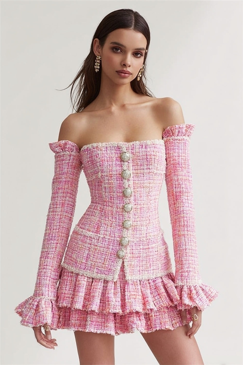 Tweed Pink 2 Piece Long Sleeves Short Blazer Homecoming Outfits with Ruffles