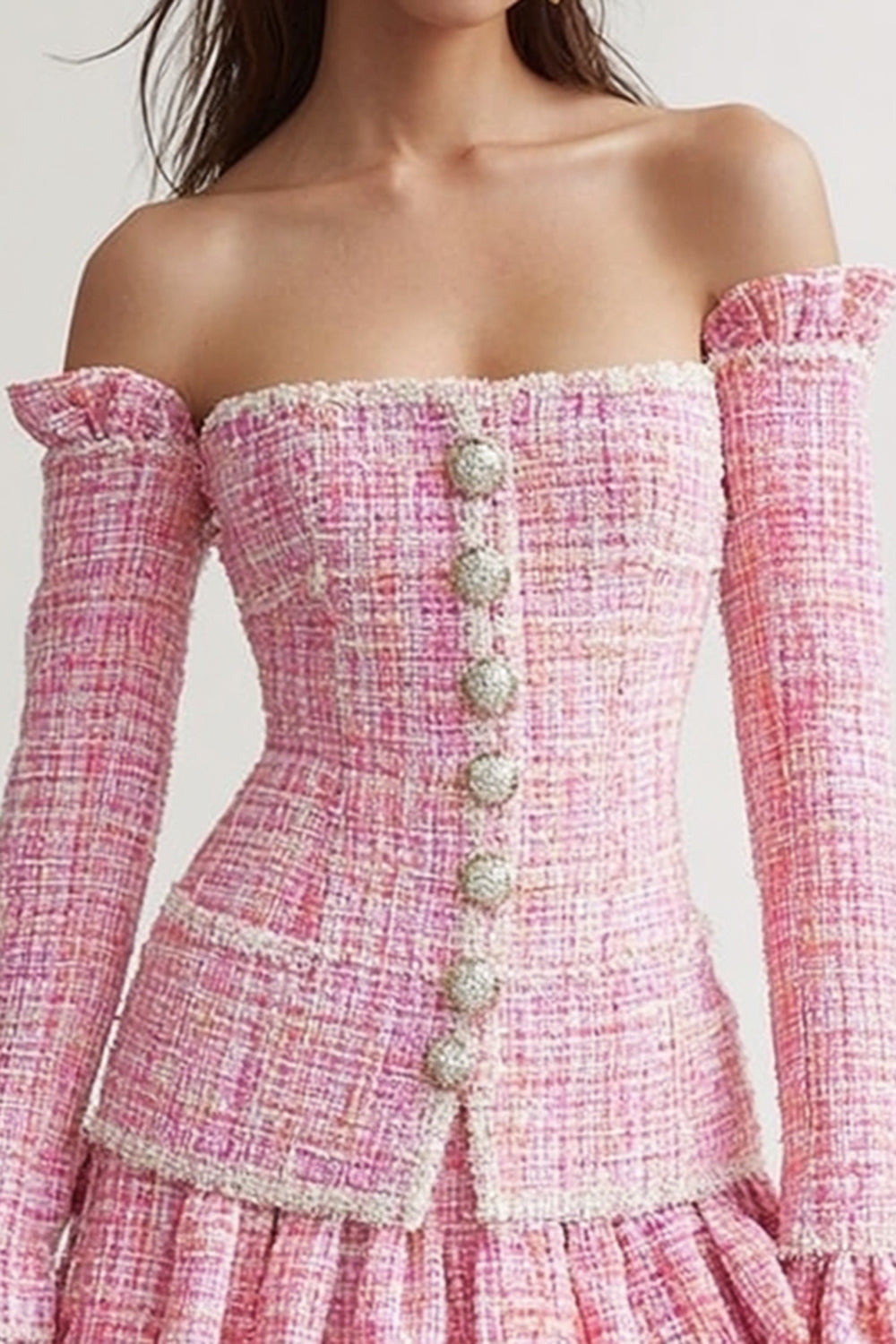 Tweed Pink 2 Piece Long Sleeves Short Blazer Homecoming Outfits with Ruffles