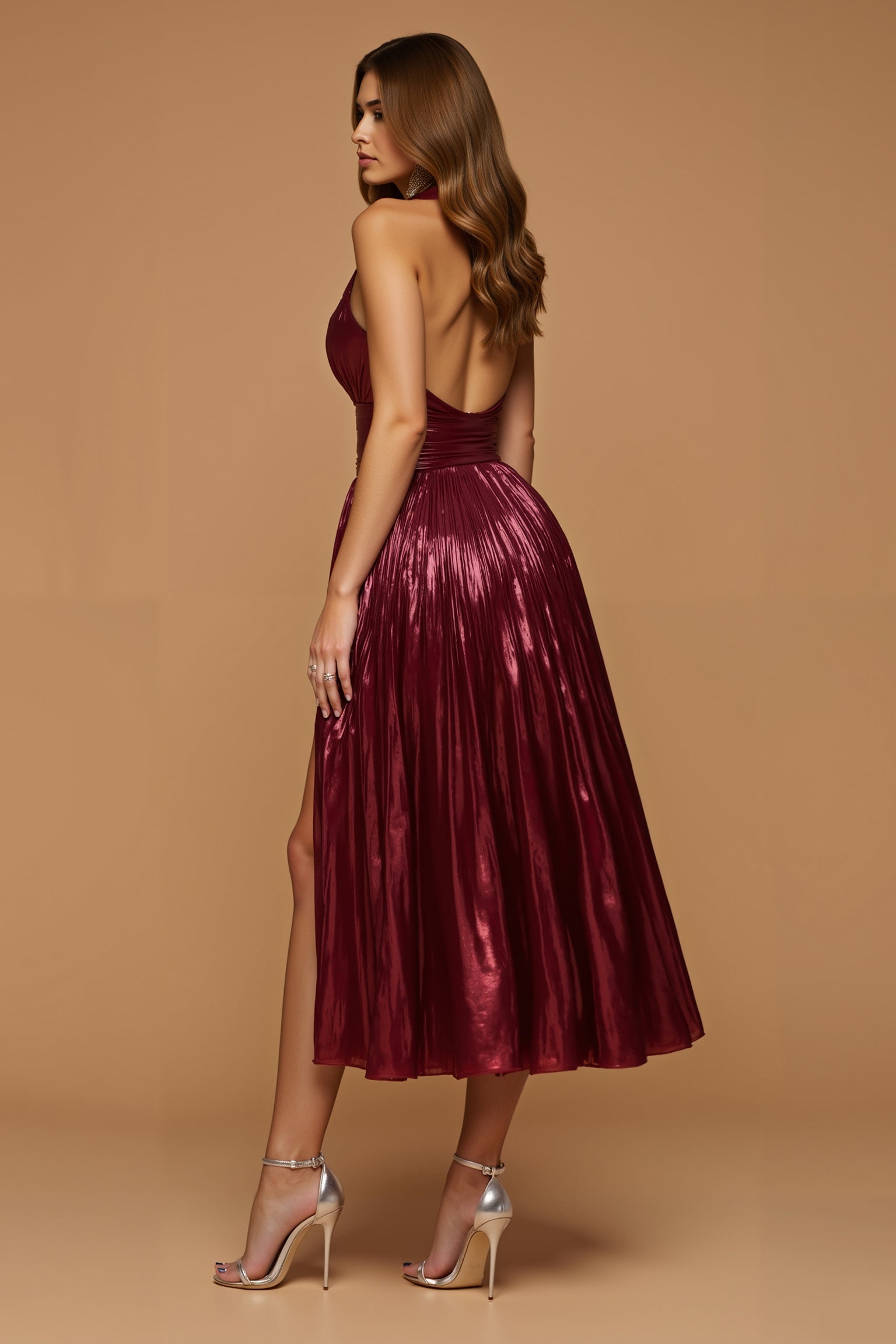 Sparkly Burgundy Metallic Halter Midi Holiday Party Dress with Slit