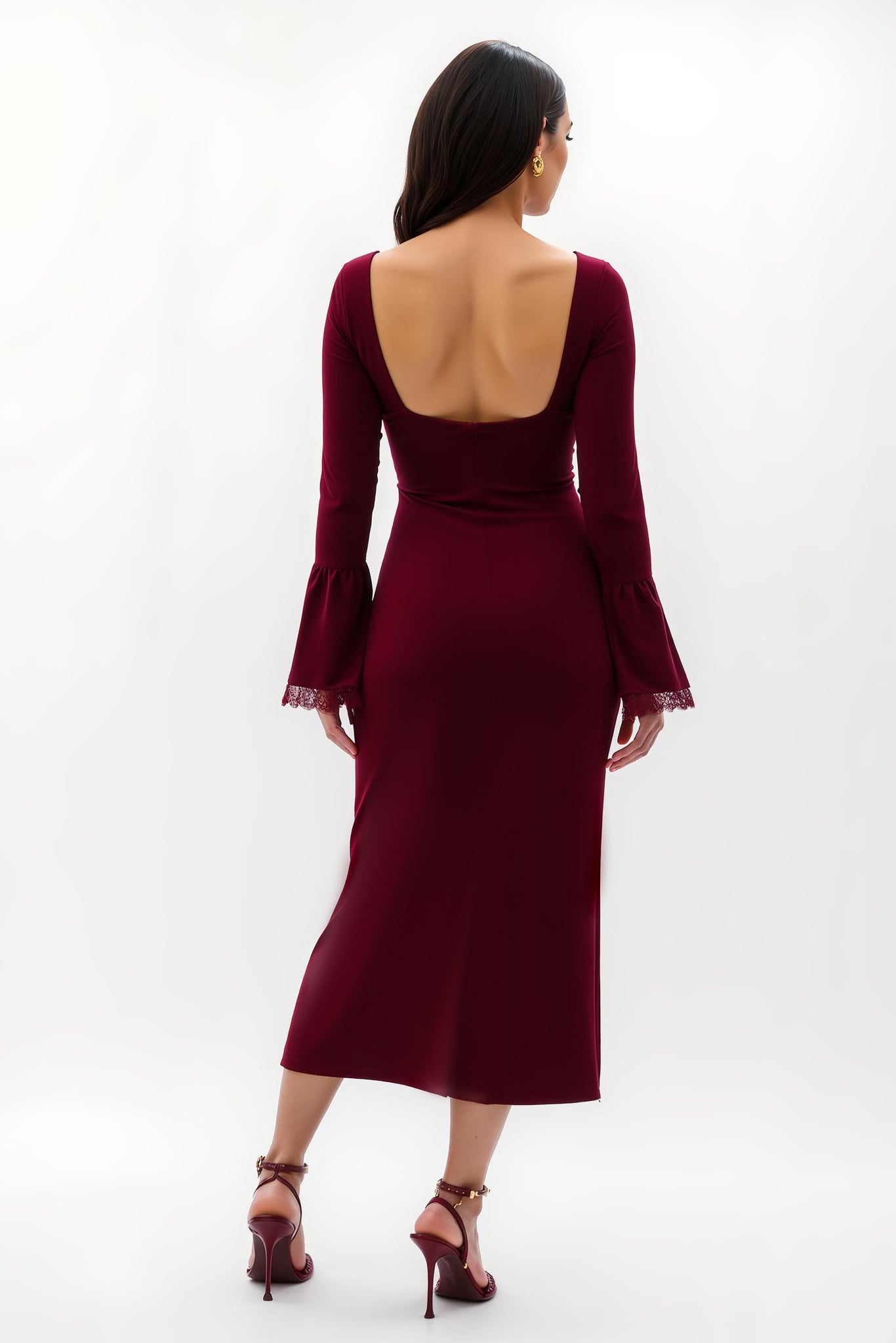 Burgundy Flare Sleeves Long Holiday Party Dress with Lace
