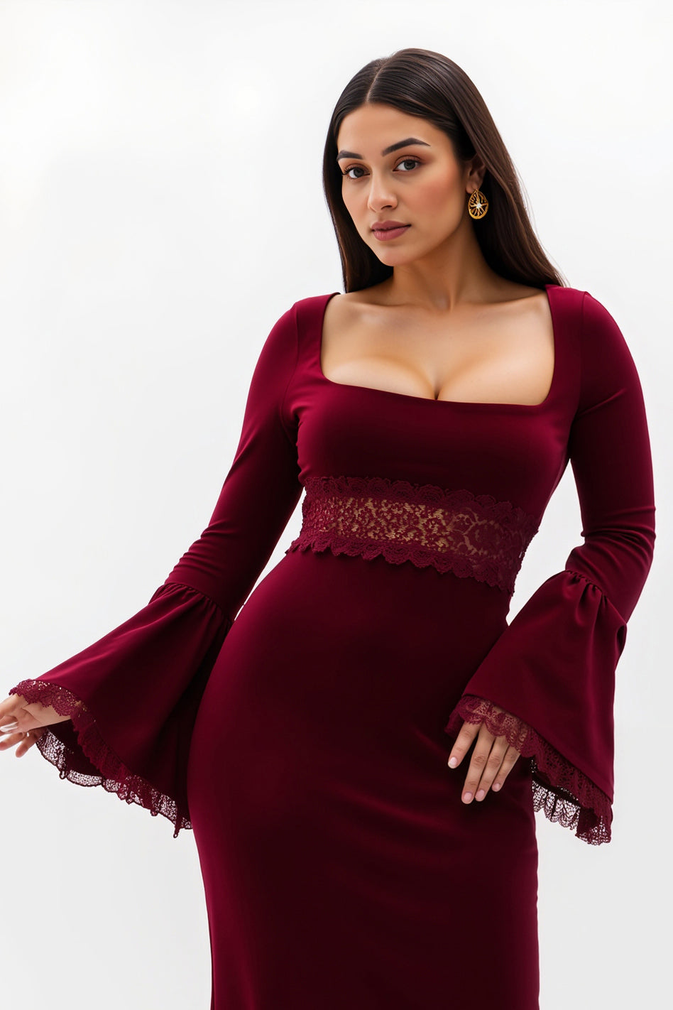 Burgundy Flare Sleeves Long Holiday Party Dress with Lace