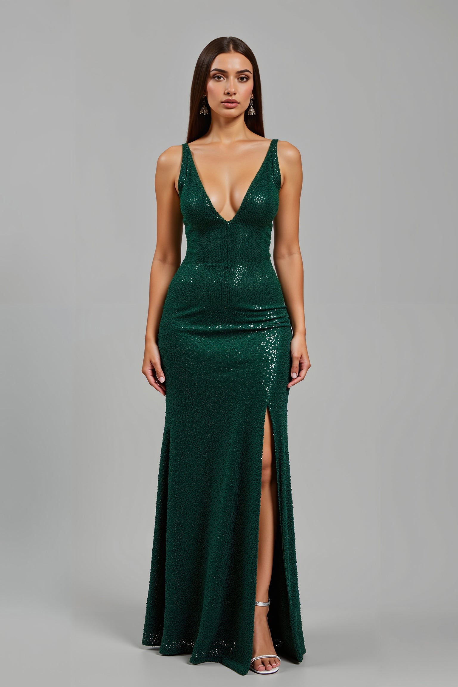 Sparkly Dark Green Deep V-Neck Sequins Long Holiday Party Dress with Slit