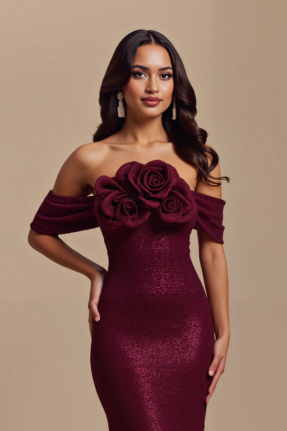 Sparkly Burgundy Sequins Mermaid Long Holiday Party Dress with Flowers