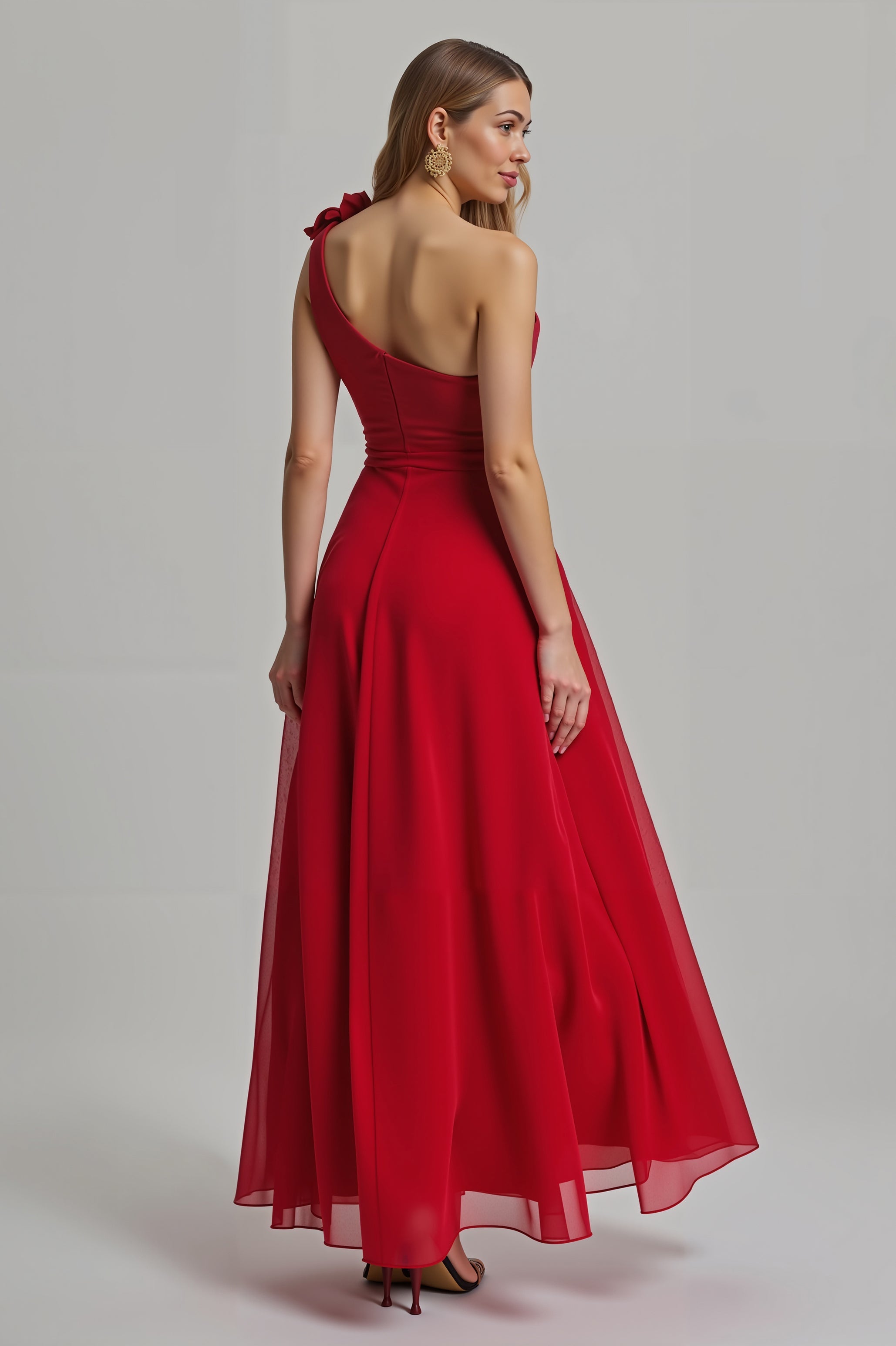 Red One Shoulder A Line Long Holiday Party Dress with 3D Flower