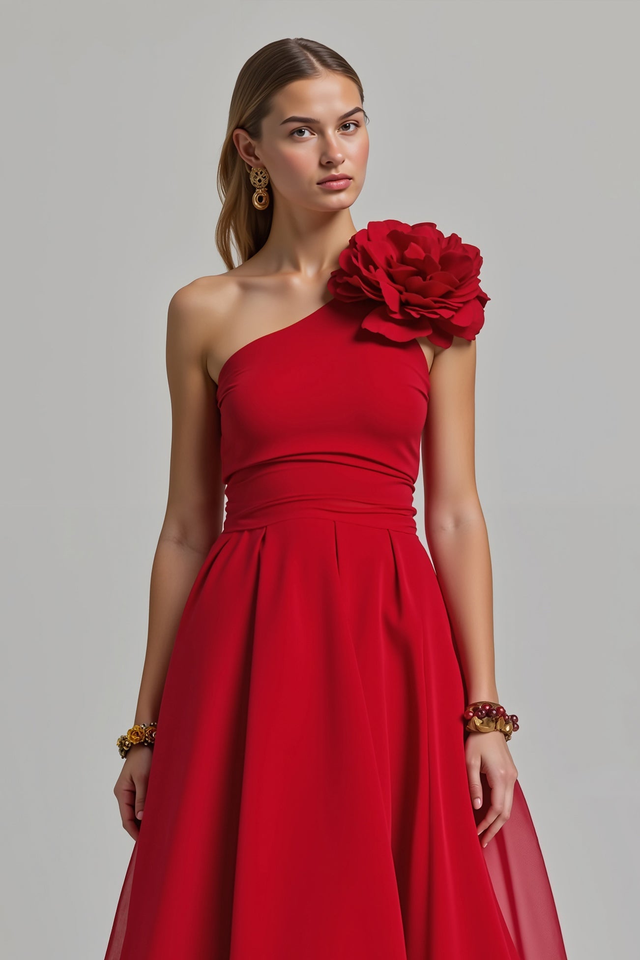Red One Shoulder A Line Long Holiday Party Dress with 3D Flower