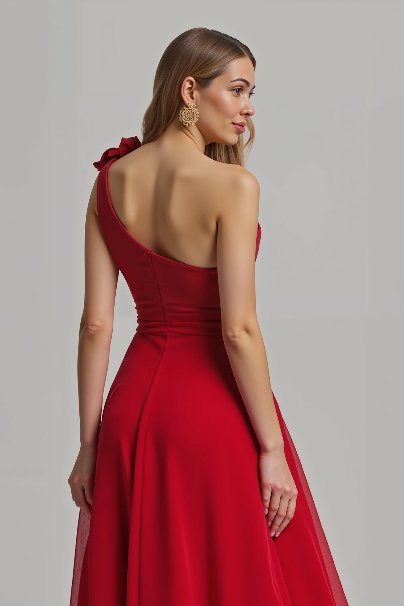 Red One Shoulder A Line Long Holiday Party Dress with 3D Flower