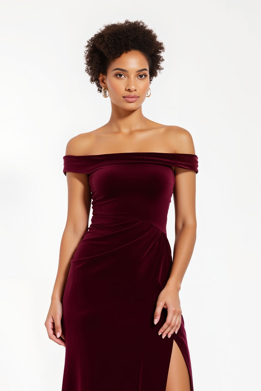 Burgundy Sheath Off the Shoulder Long Holiday Party Dress with Slit