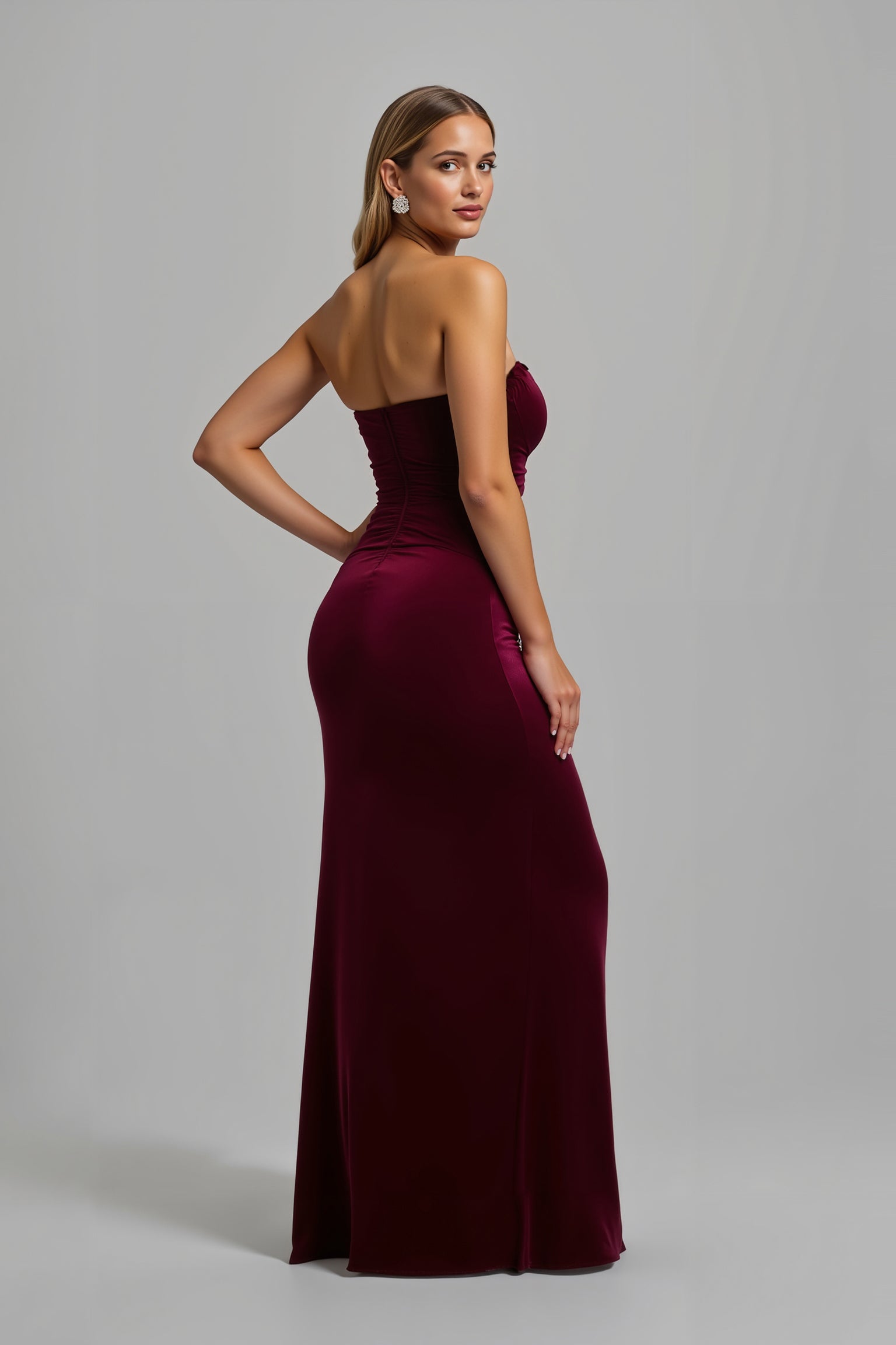 Simple Burgundy Sheath Strapless Long Holiday Party Dress with Slit