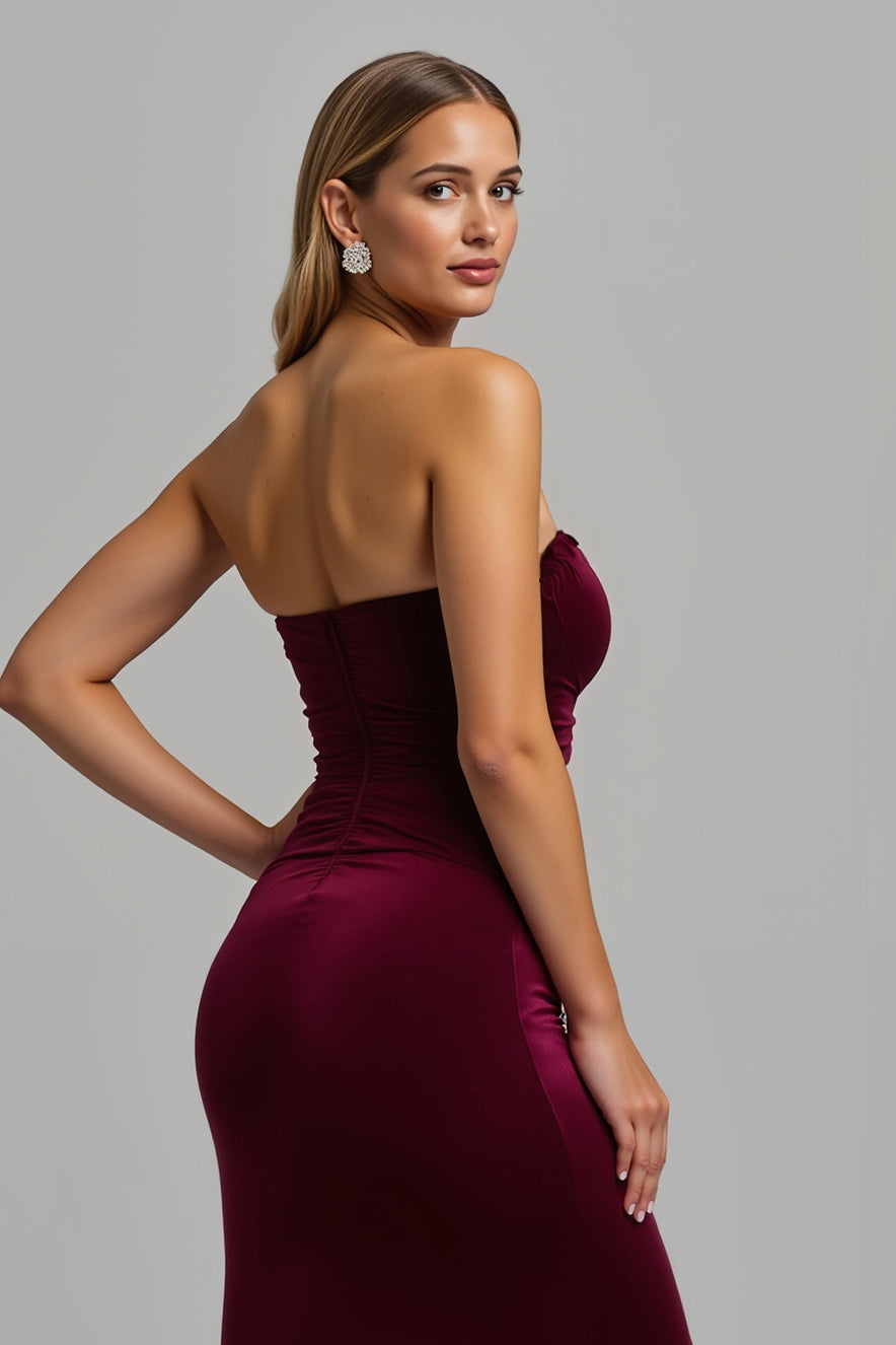 Simple Burgundy Sheath Strapless Long Holiday Party Dress with Slit