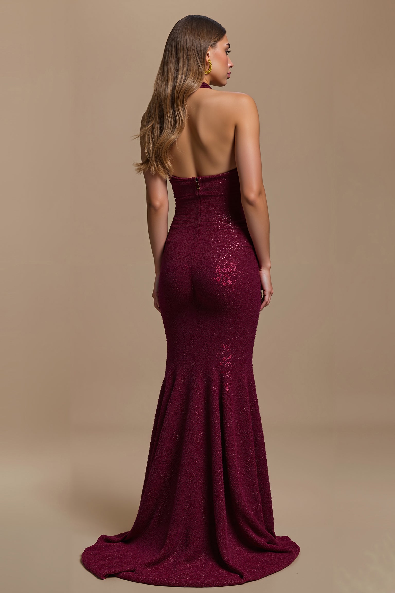 Sparkly Burgundy Sequins Mermaid Halter Long Holiday Party Dress