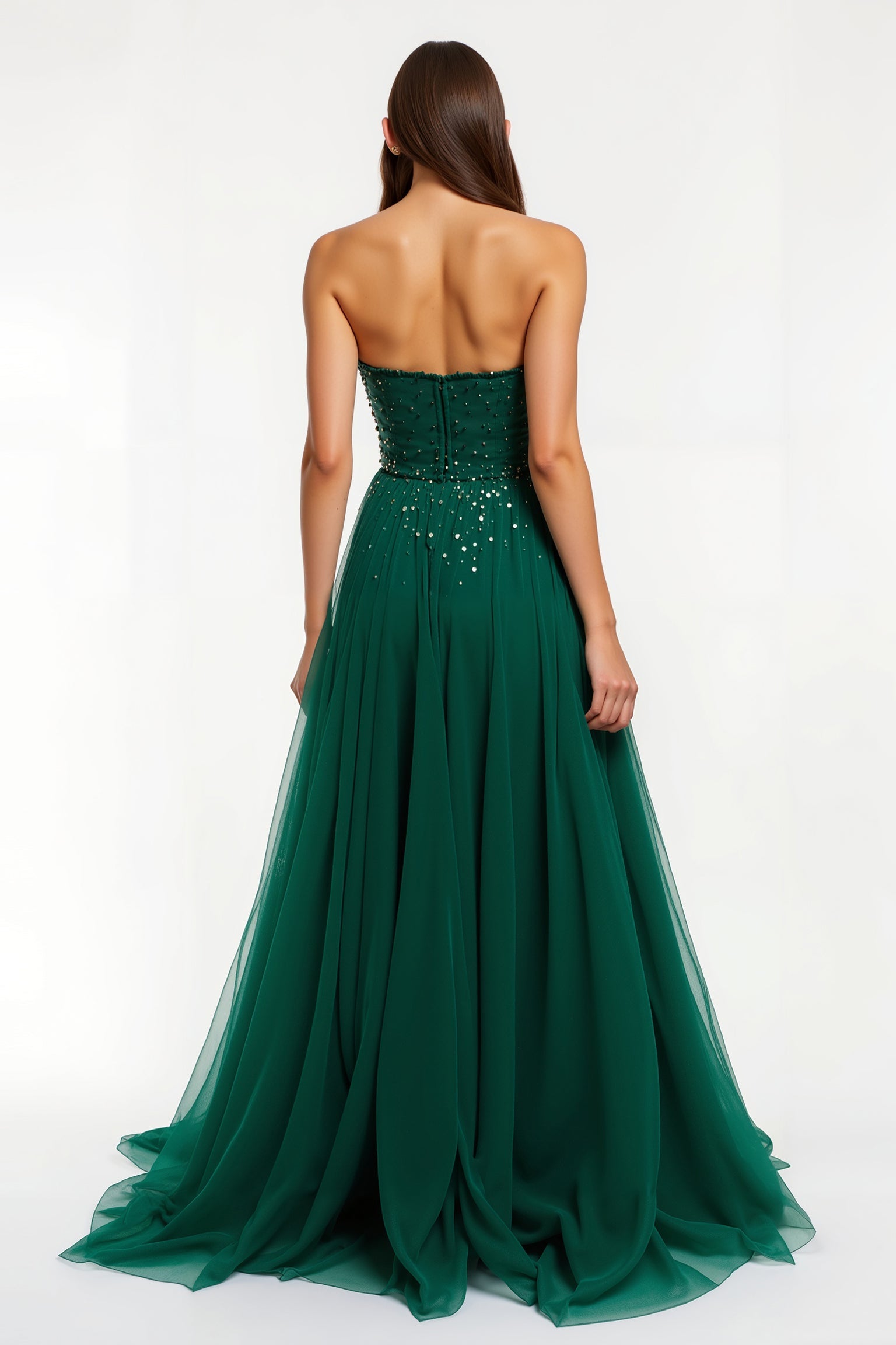 Sparkly Dark Green Tulle Strapless Long Holiday Party Dress with Beading