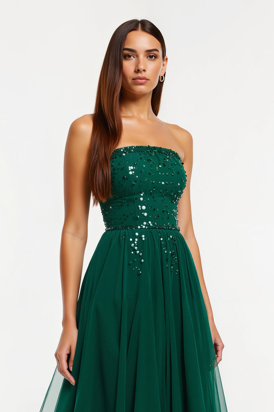 Sparkly Dark Green Tulle Strapless Long Holiday Party Dress with Beading
