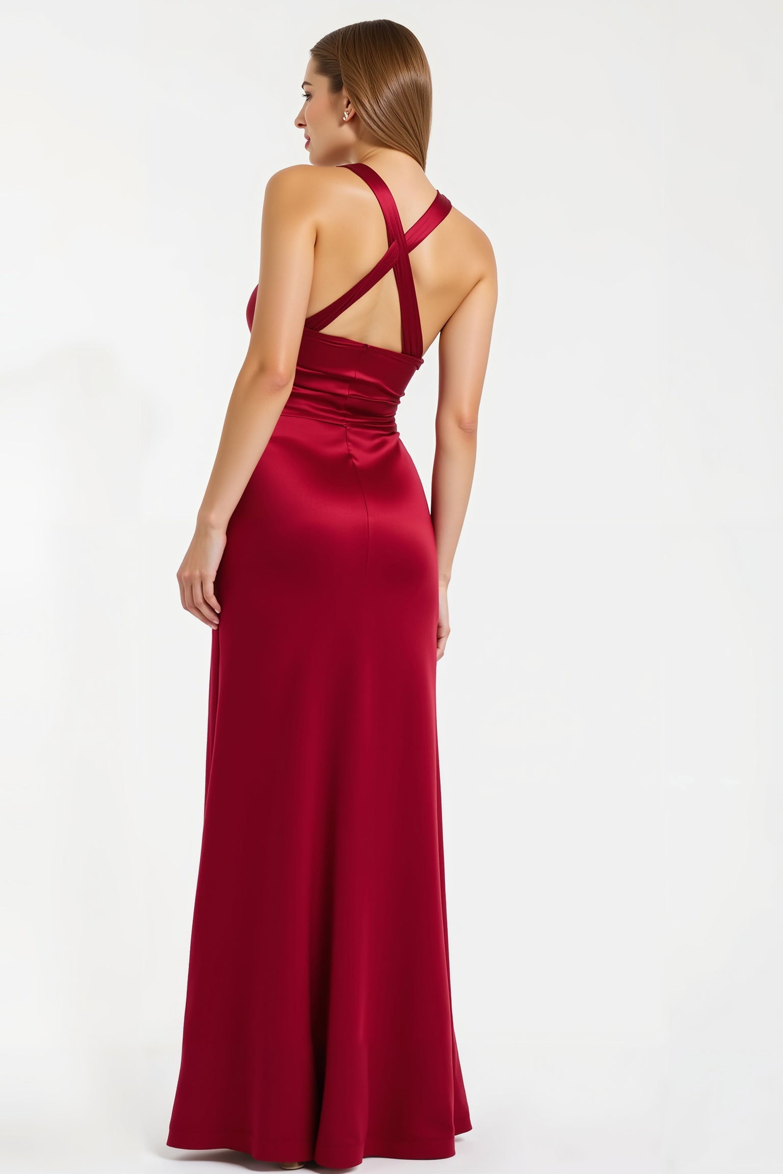 Burgundy Satin Sheath Halter Long Holiday Party Dress with Slit