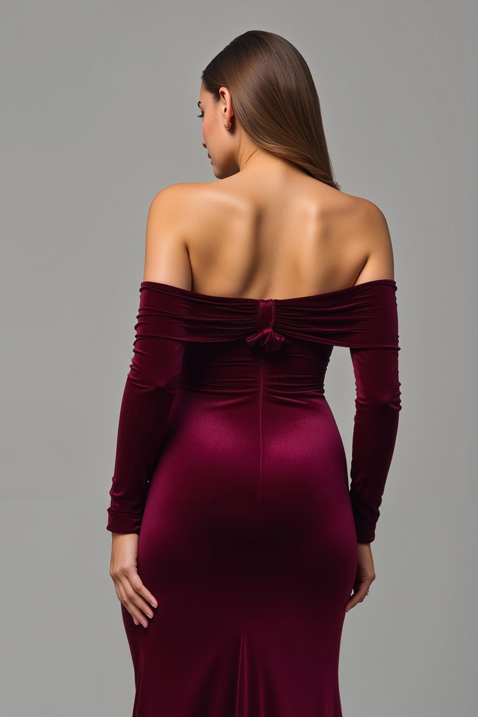 Burgundy Velvet Off the Shoulder Long Holiday Party Dress with Slit