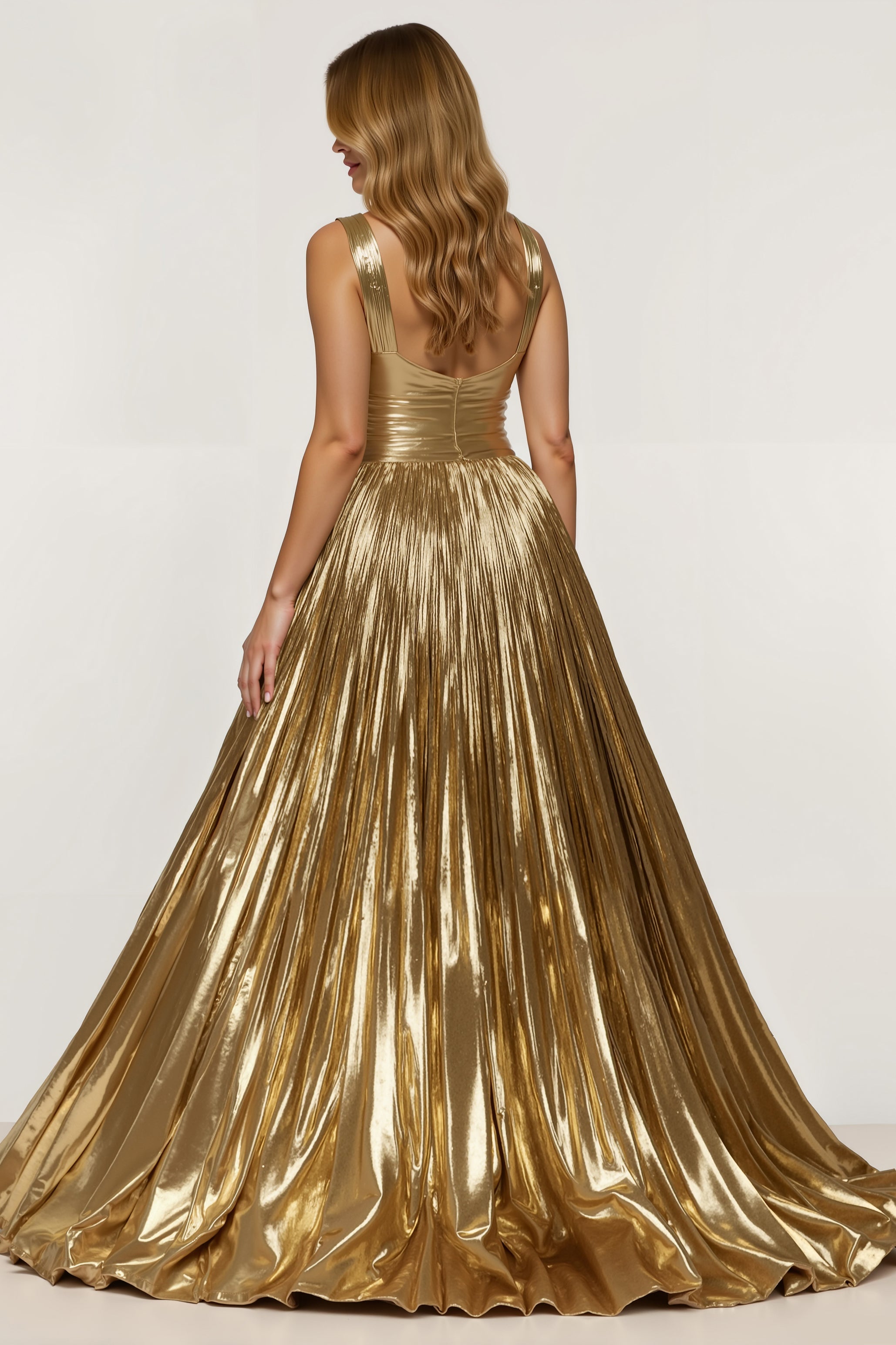 Sparkly Golden Thick Straps Metallic Long Prom Dress with Slit