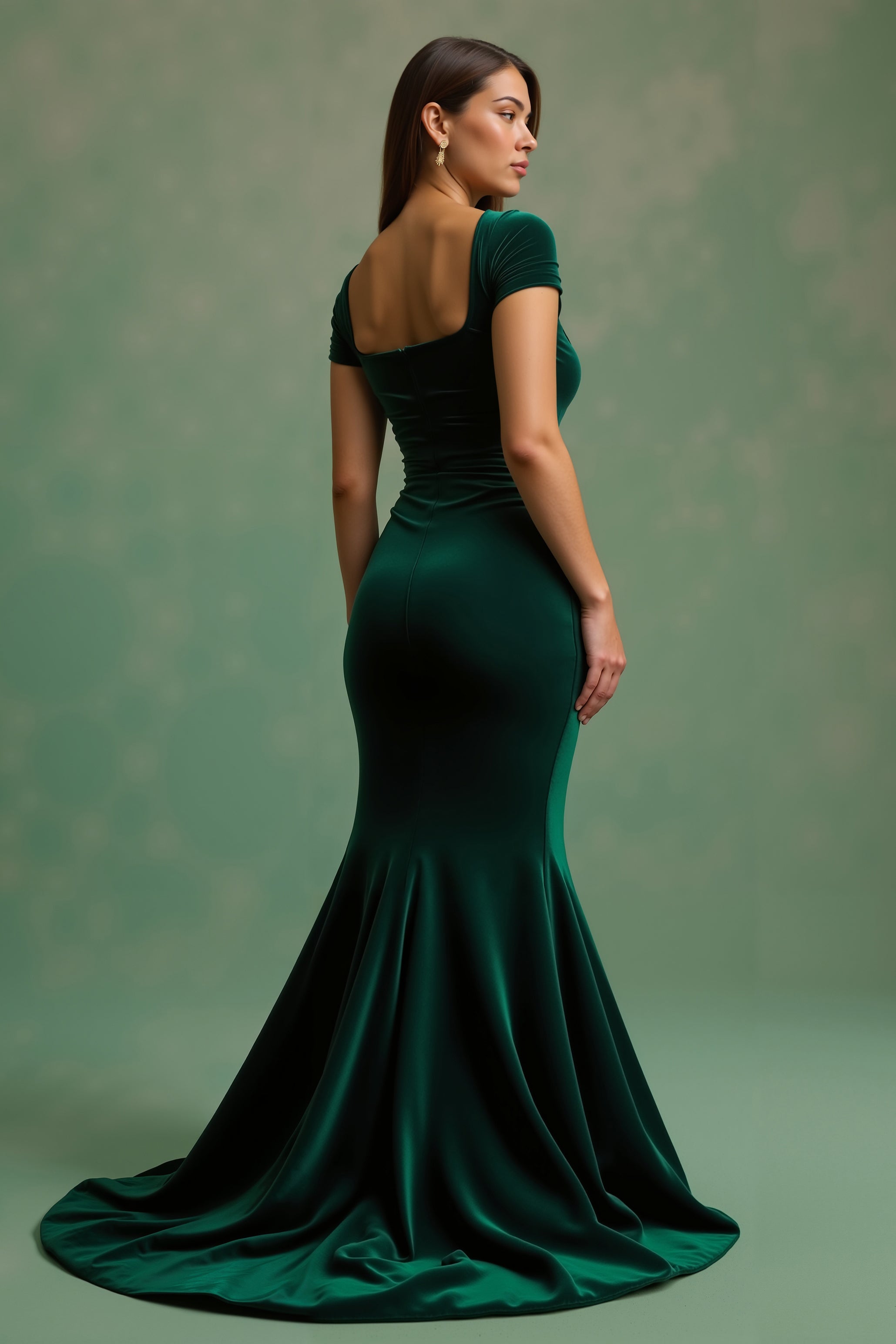 Dark Green Square Neck Long Mermaid Holiday Party Dress with Sleeves