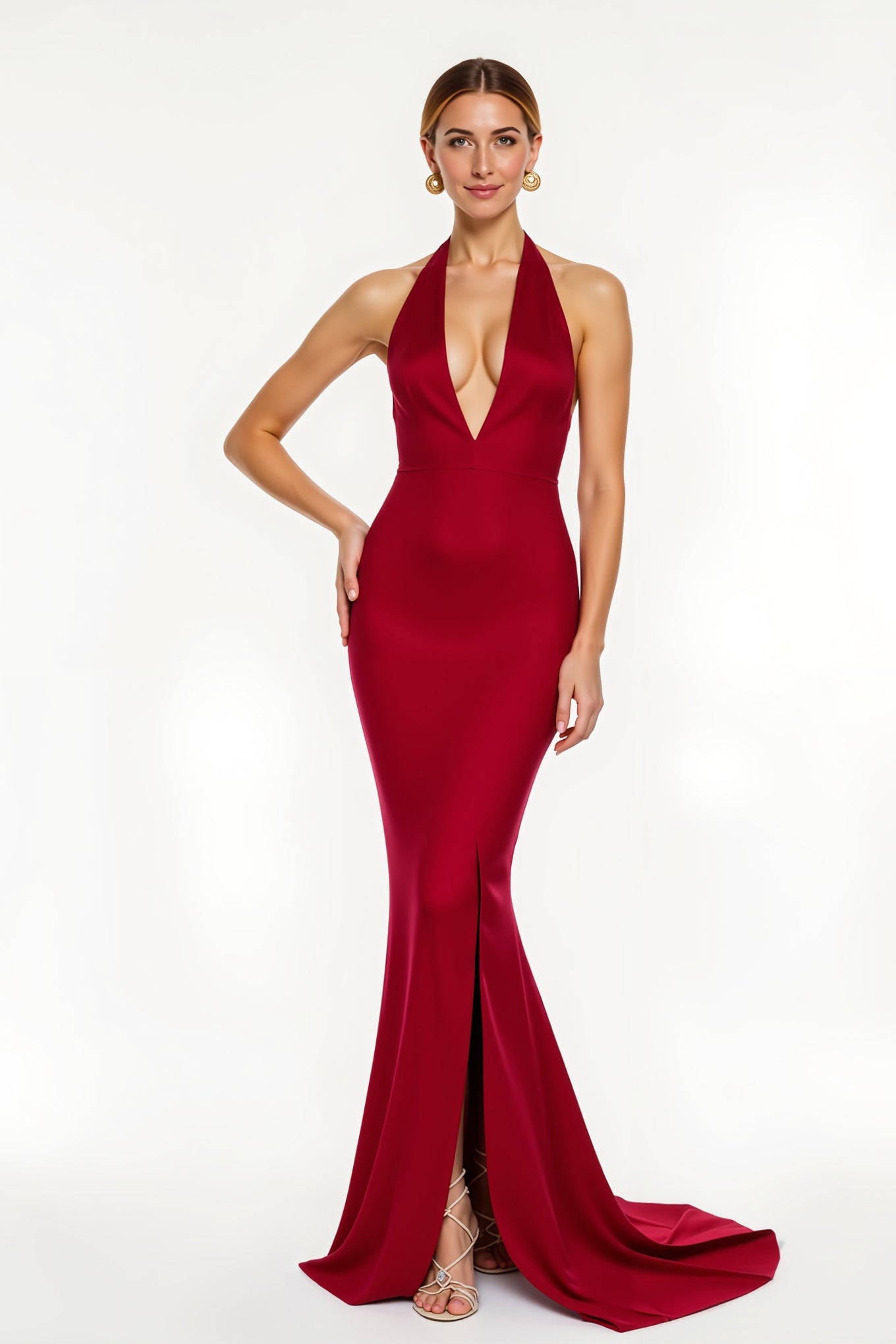 Red Satin V-Neck Mermaid Long Holiday Party Dress with Slit