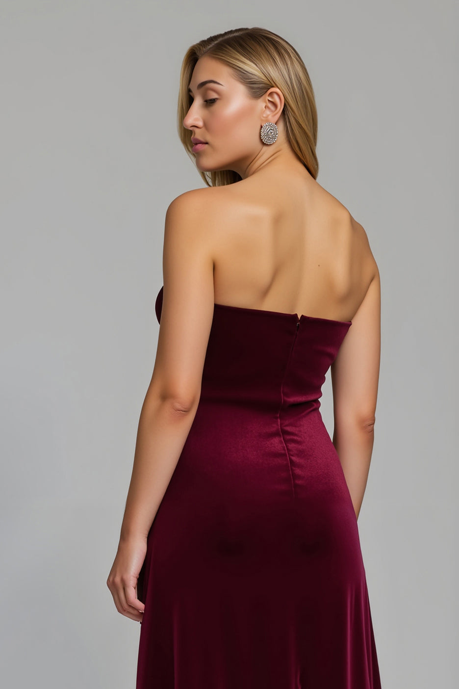 Burgundy Ruched Strapless Long Holiday Party Dress with Slit