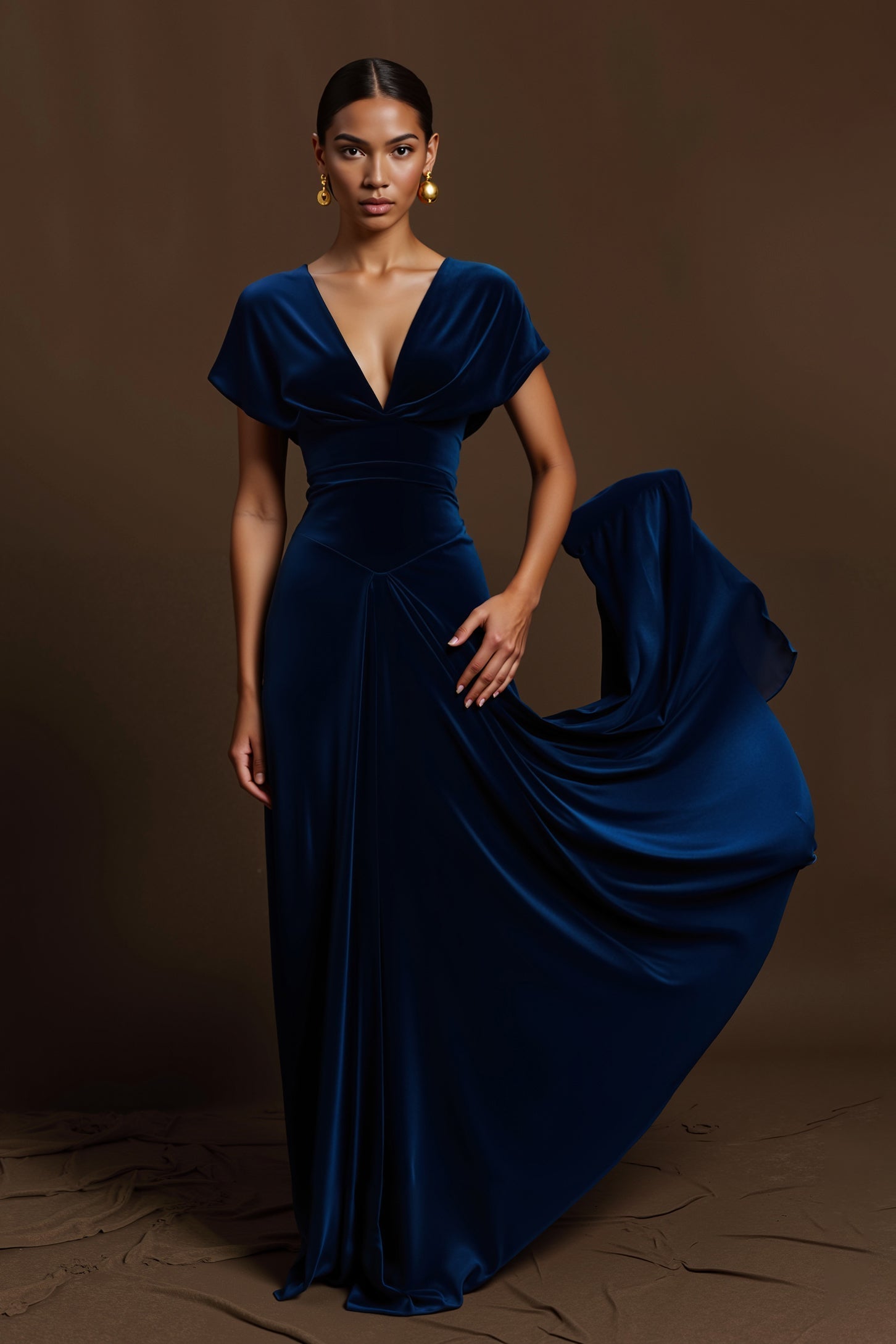 Simple Royal Blue V-Neck Long Holiday Party Dress with Sleeves