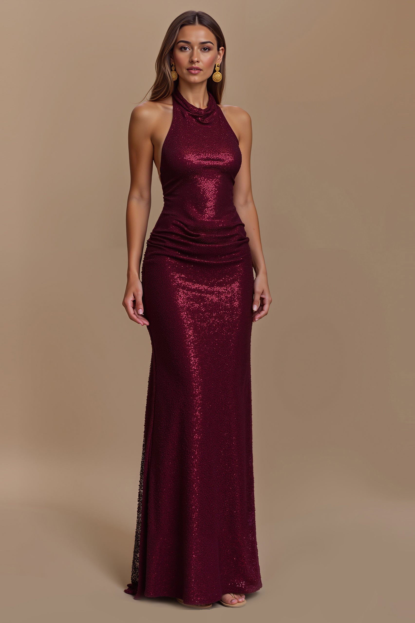 Glitter Burgundy Sheath Backless Halter Long Holiday Party Dress