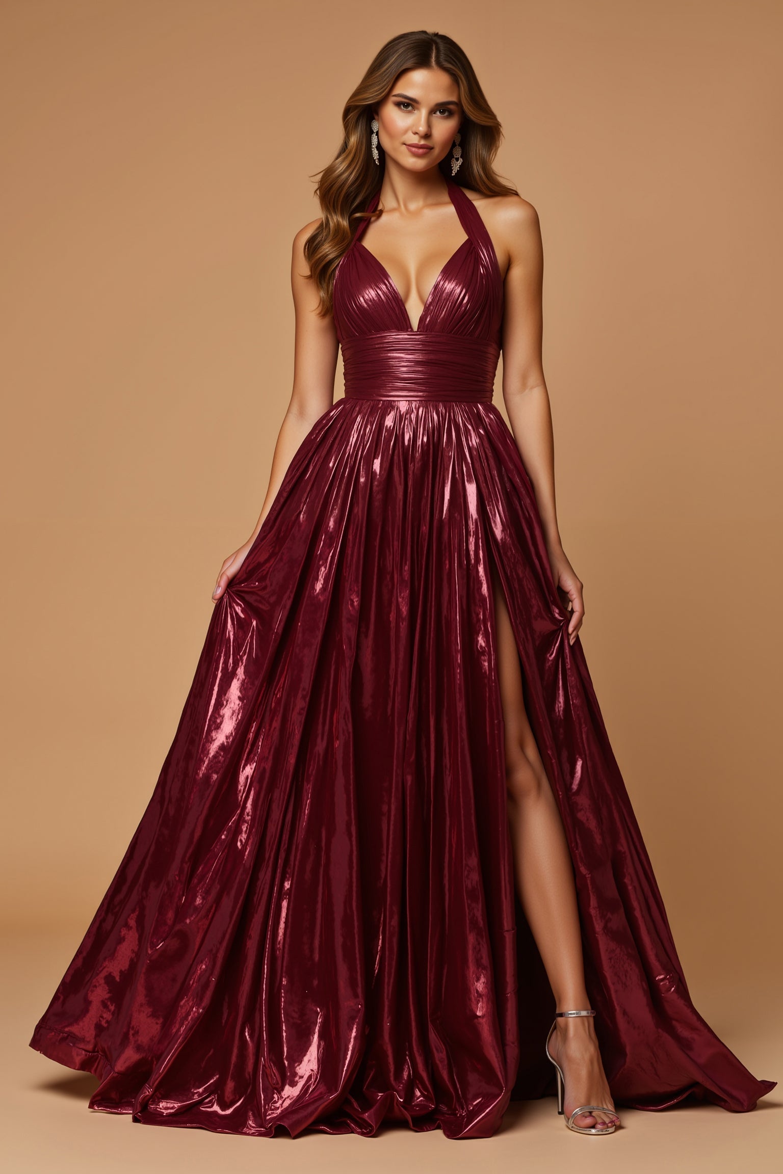 Burgundy Metallic Pleated Halter A Line Long Prom Dress with Slit