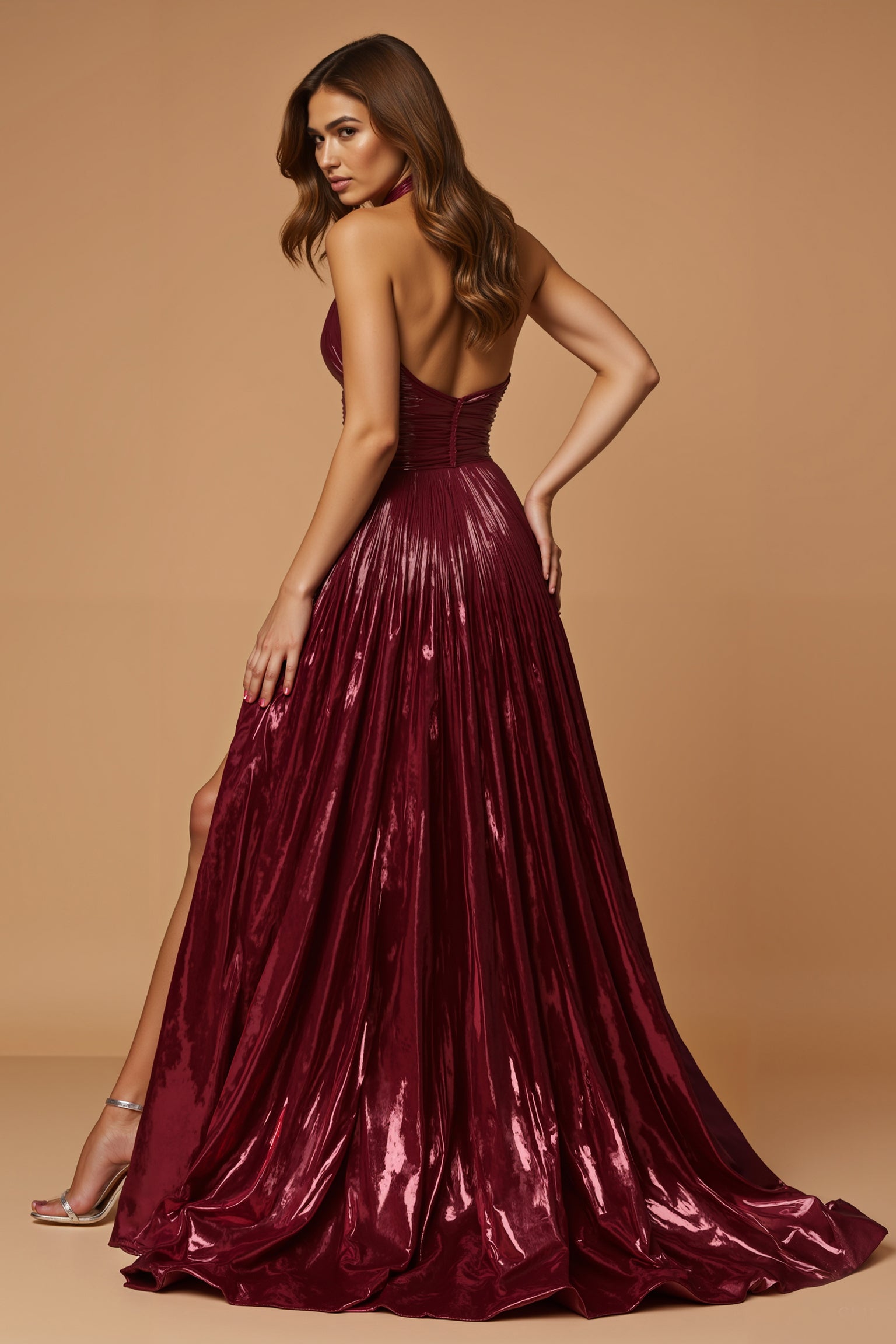 Burgundy Metallic Pleated Halter A Line Long Prom Dress with Slit