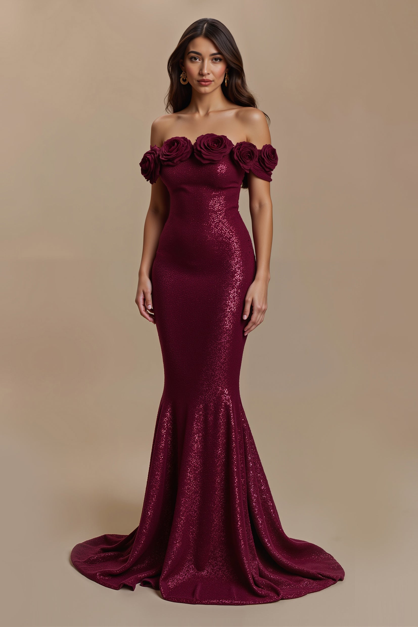 Sparkly Burgundy Mermaid Long Holiday Party Dress with 3D Flower