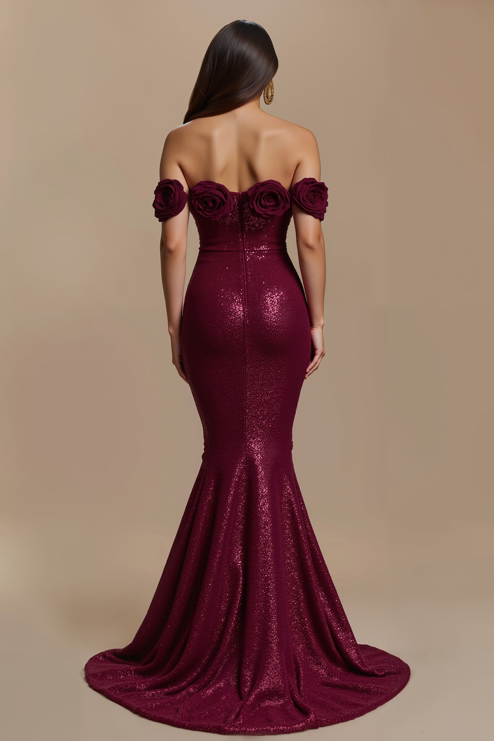 Sparkly Burgundy Mermaid Long Holiday Party Dress with 3D Flower