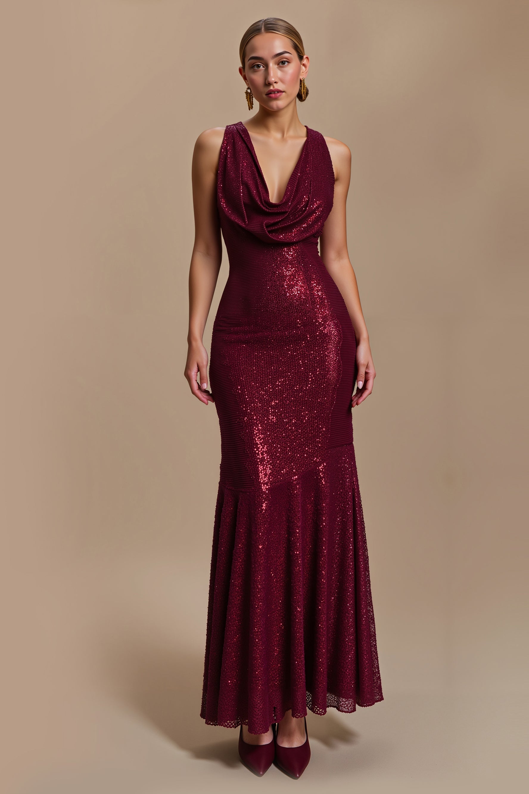 Sparkly Burgundy Cowl Neck Long Sheath Holiday Party Dress