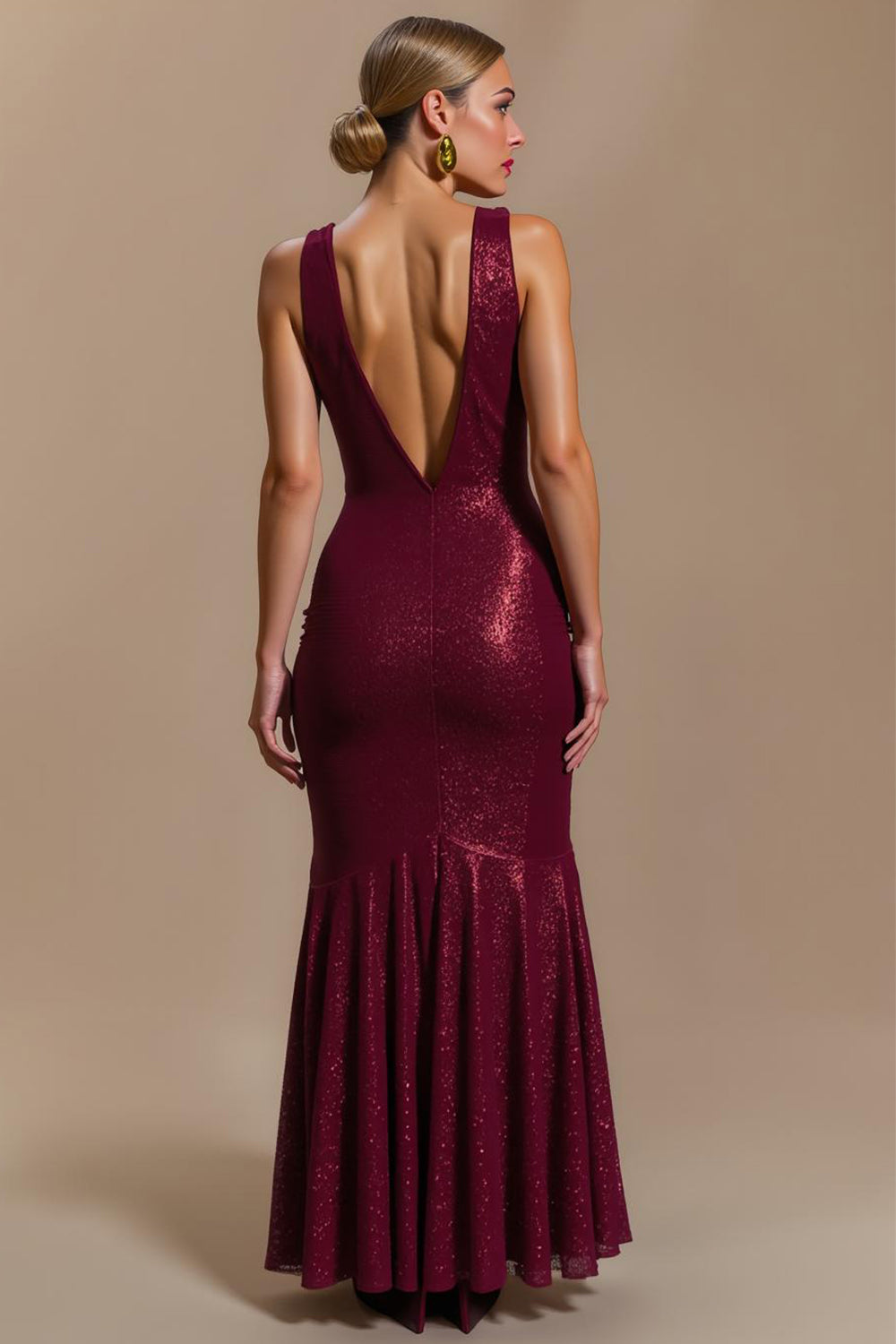 Sparkly Burgundy Cowl Neck Long Sheath Holiday Party Dress