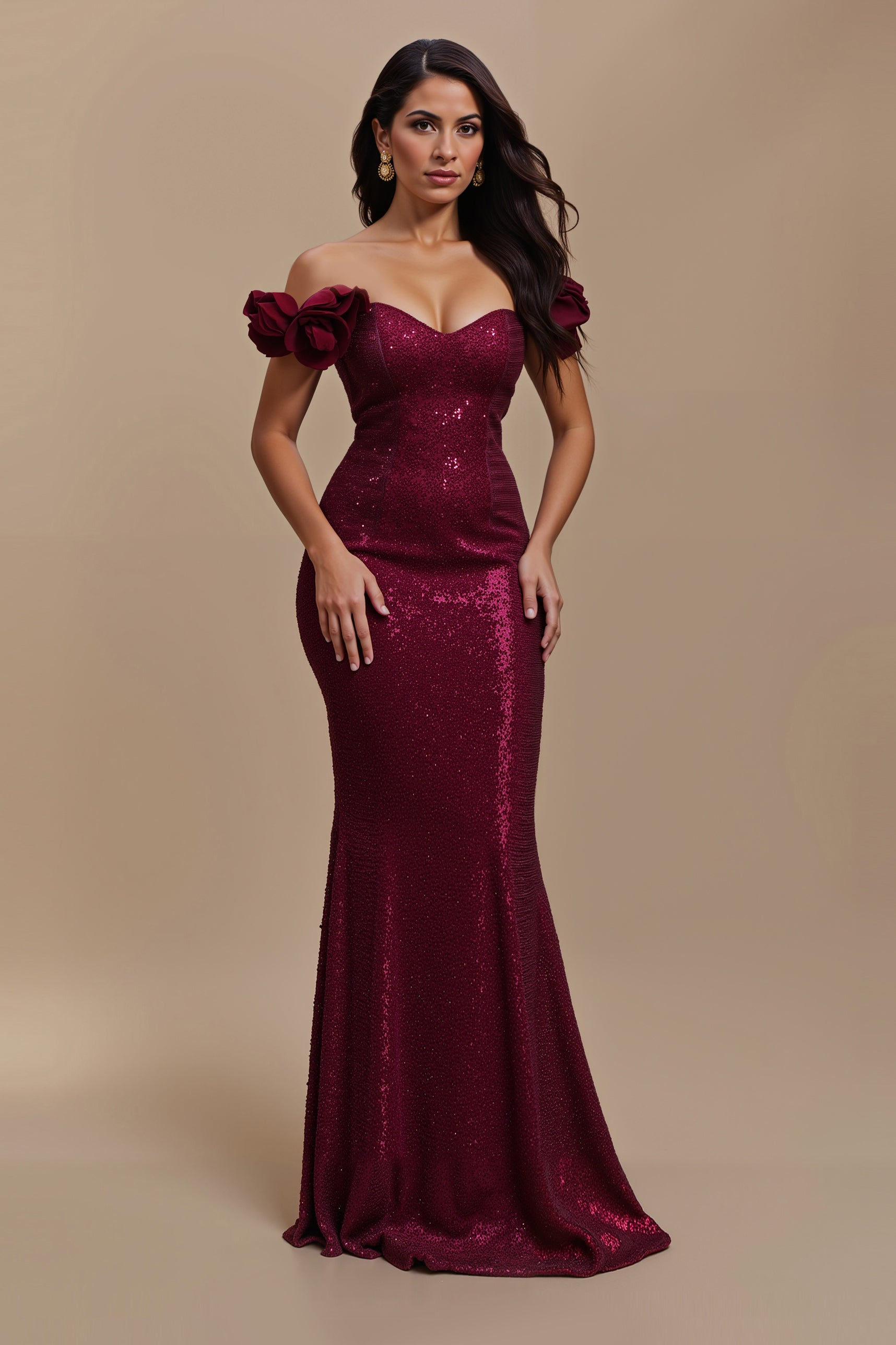 Sparkly Burgundy Off the Shoulder Long Holiday Party Dress with 3D Flowers