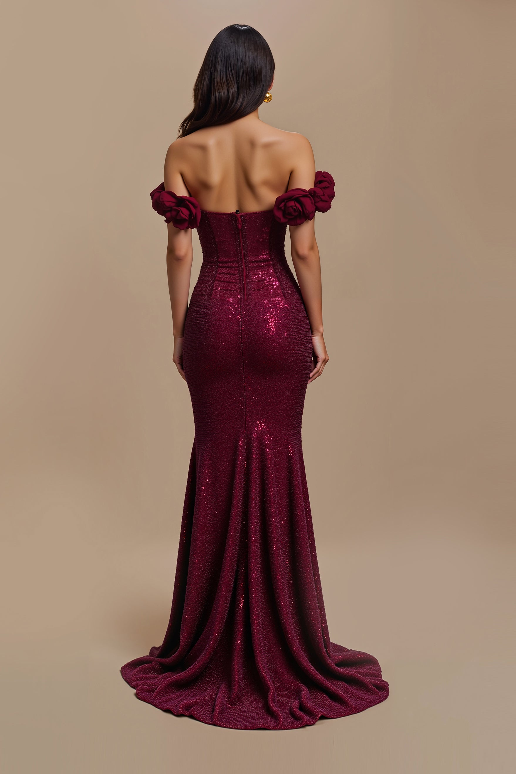 Sparkly Burgundy Off the Shoulder Long Holiday Party Dress with 3D Flowers