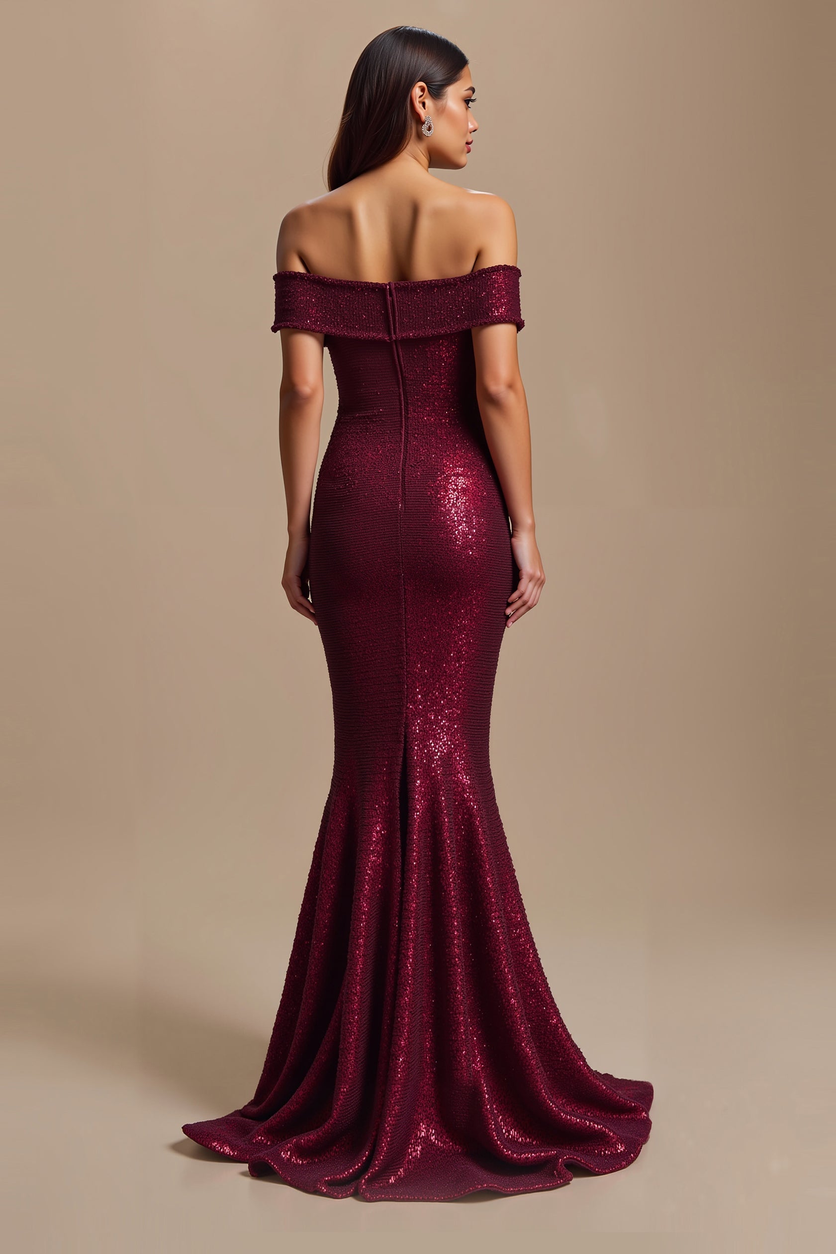 Burgundy Sparkly Mermaid Off The Shoulder Long Holiday Party Dress