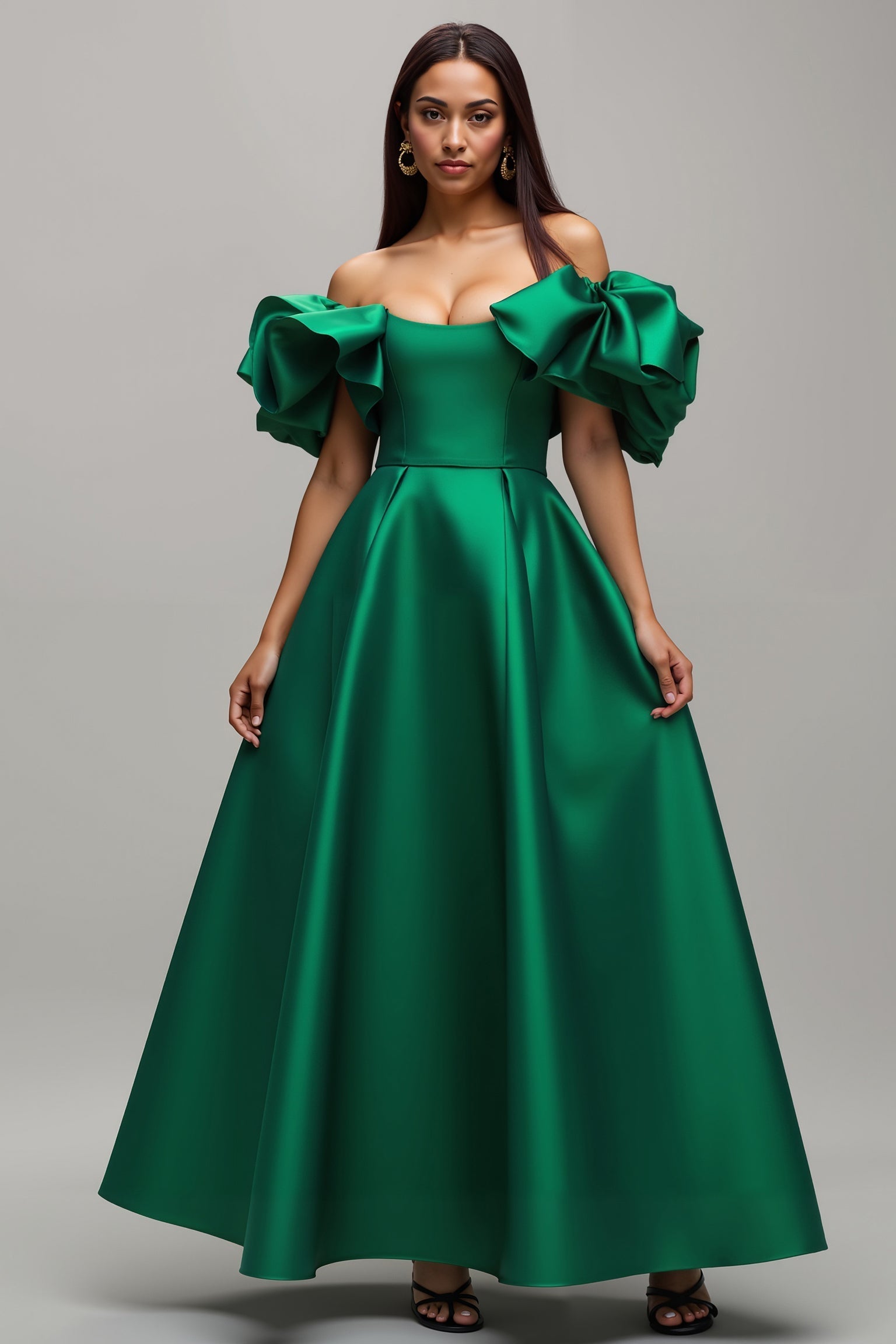 Dark Green Satin Off the Shoulder Long Prom Dress with Sleeves