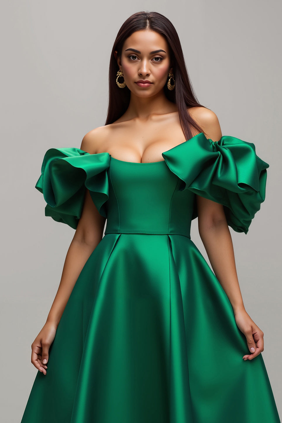 Dark Green Satin Off the Shoulder Long Prom Dress with Sleeves