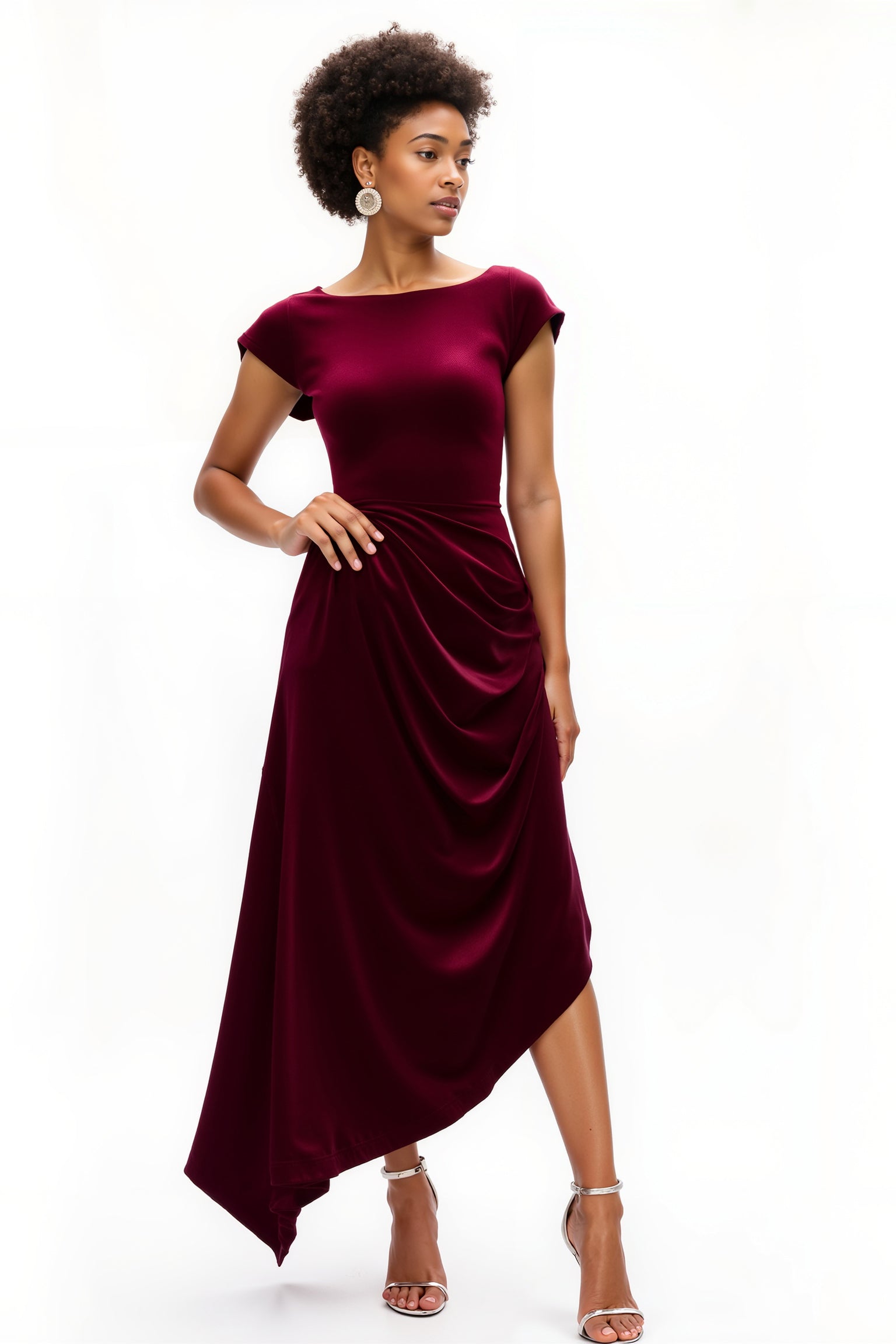 Burgundy Boat Neck Ruched Asymmetrical Holiday Party Dress with Sleeves