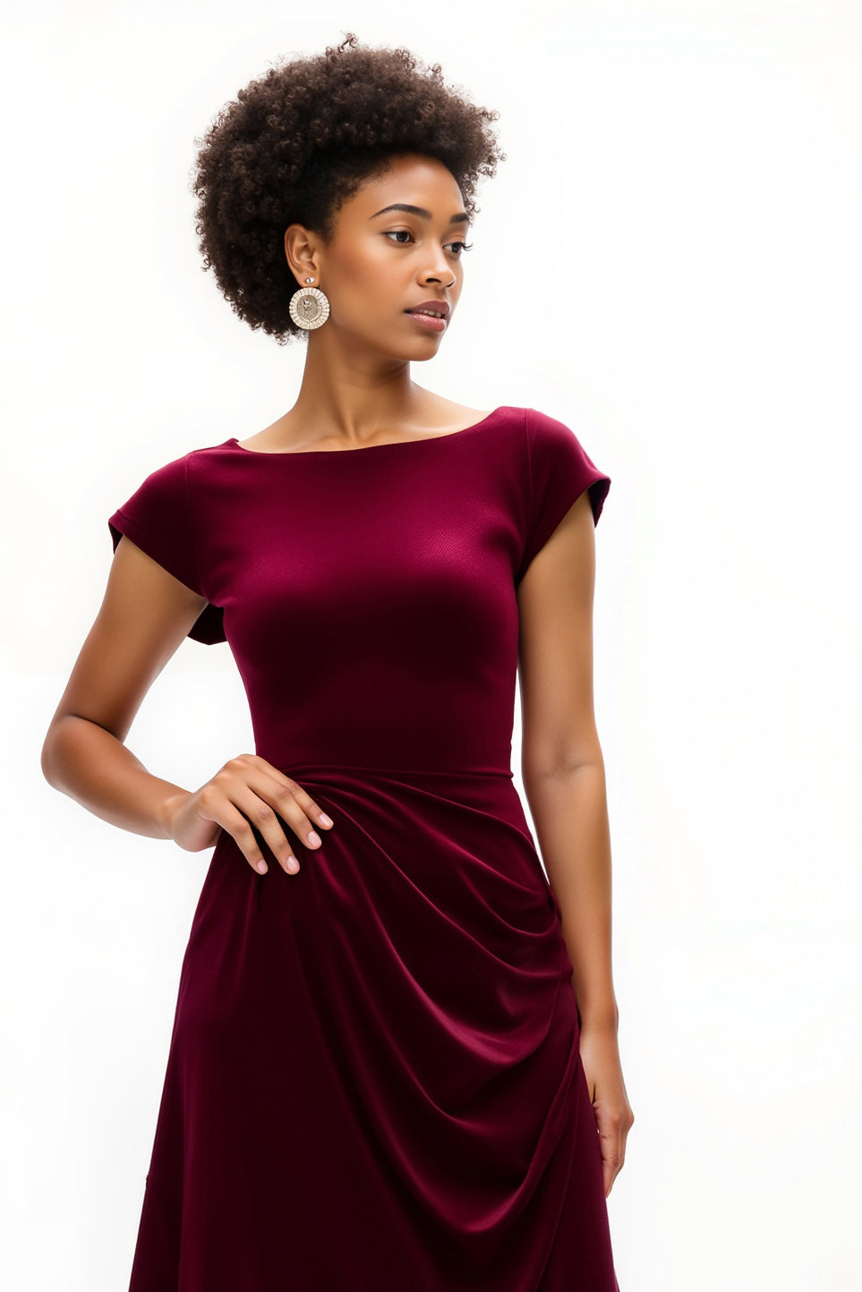 Burgundy Boat Neck Ruched Asymmetrical Holiday Party Dress with Sleeves