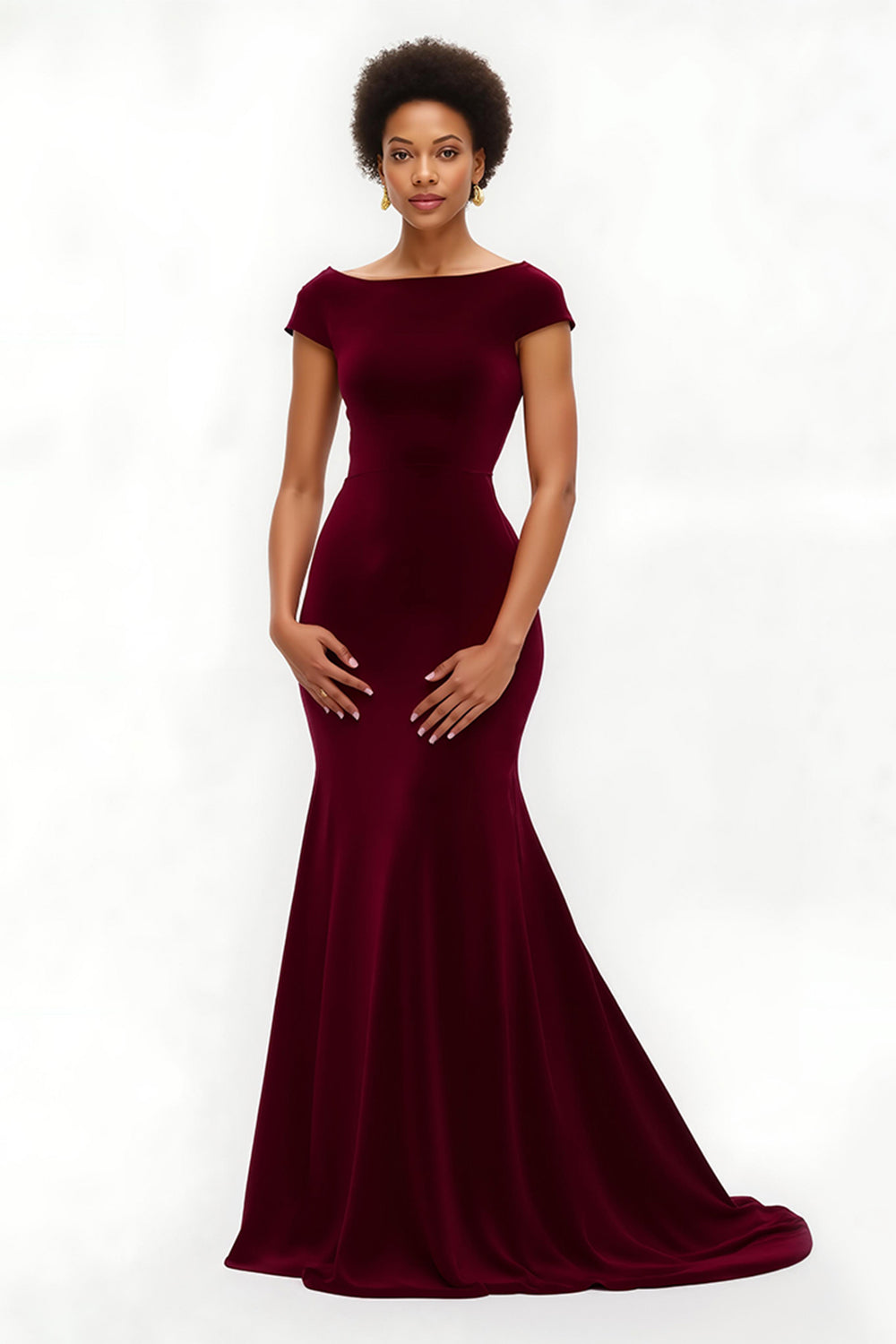 Burgundy Boat Neck Long Holiday Party Dress with Sleeves
