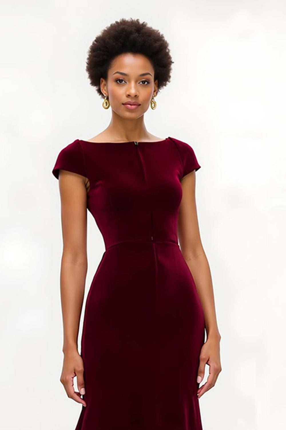 Burgundy Boat Neck Long Holiday Party Dress with Sleeves