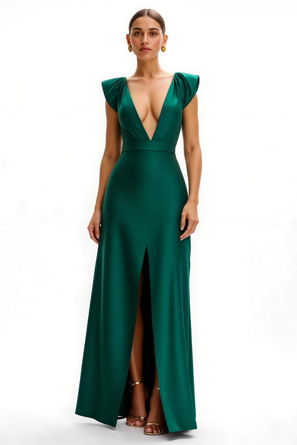 Dark Green V-Neck Cap Sleeves Long Holiday Party Dress with Slit