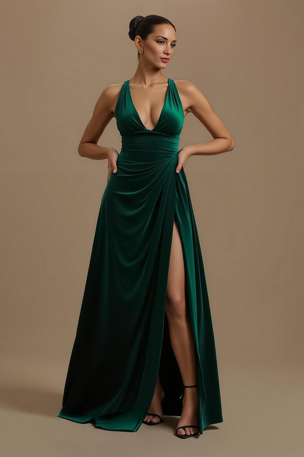Dark Green V-Neck Ruched Long Holiday Party Dress with Slit