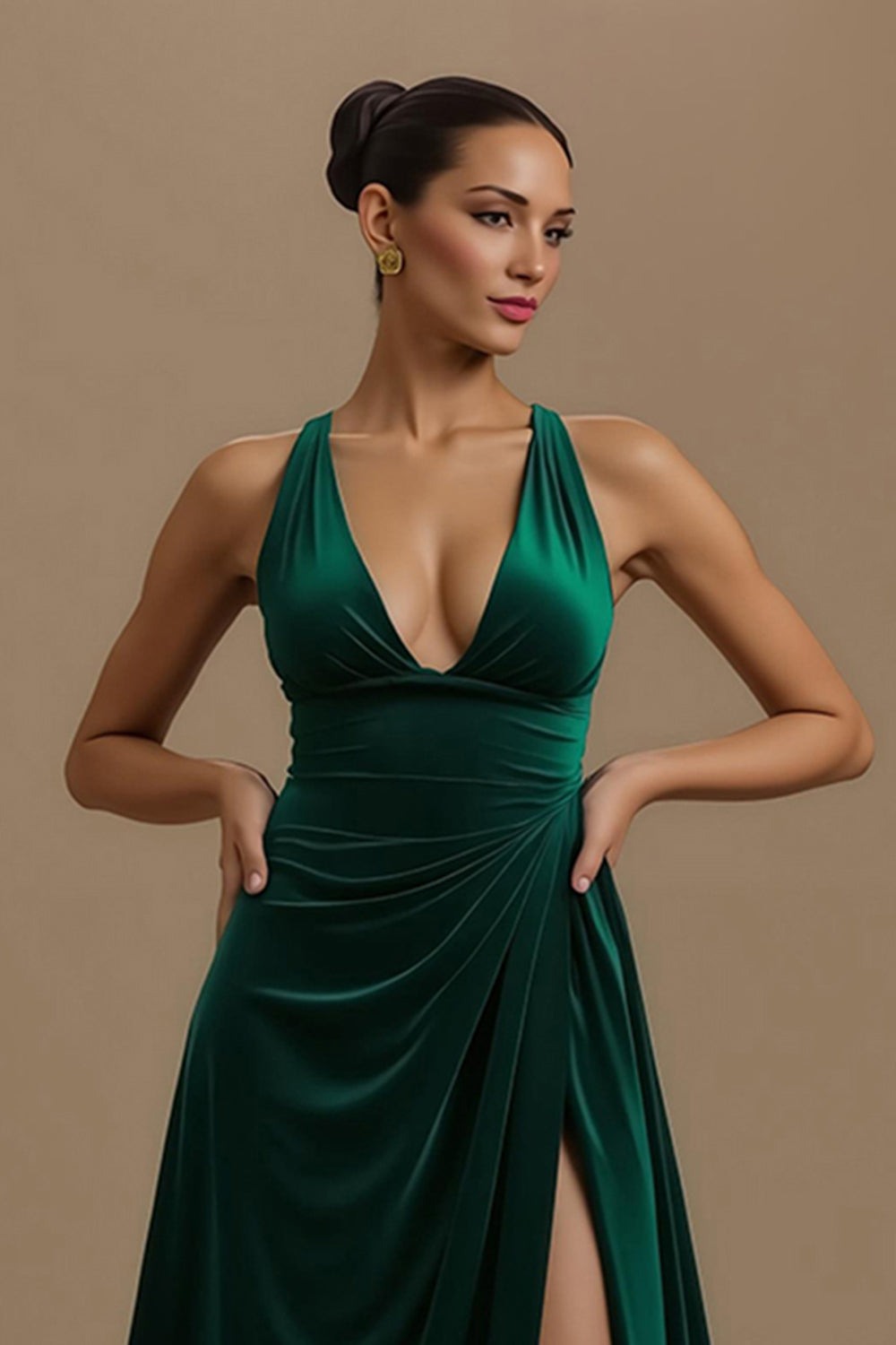 Dark Green V-Neck Ruched Long Holiday Party Dress with Slit