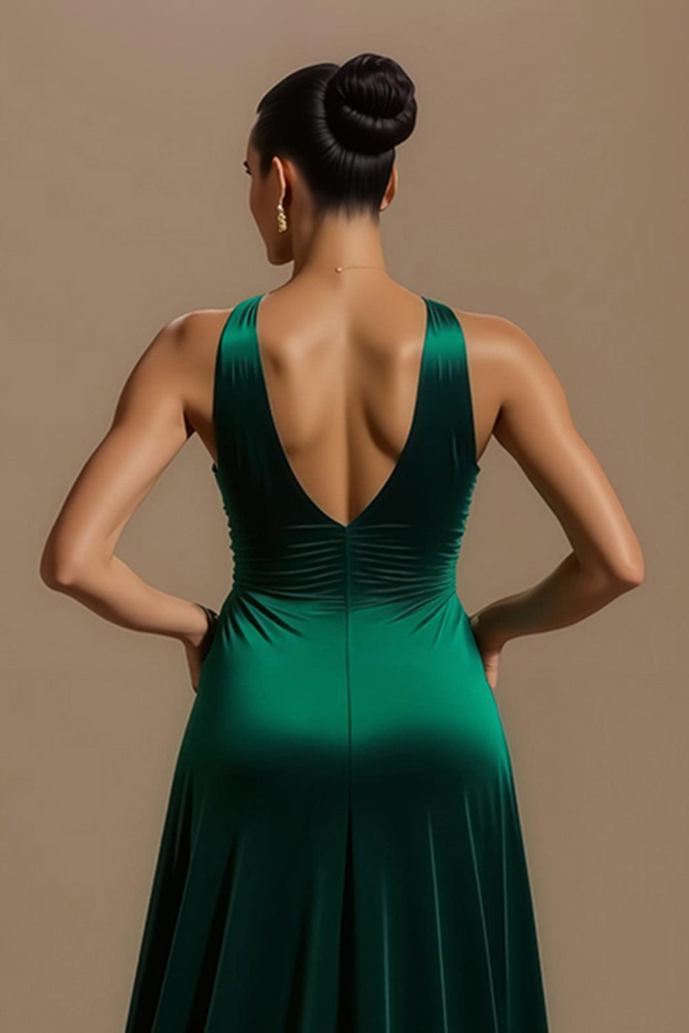 Dark Green V-Neck Ruched Long Holiday Party Dress with Slit