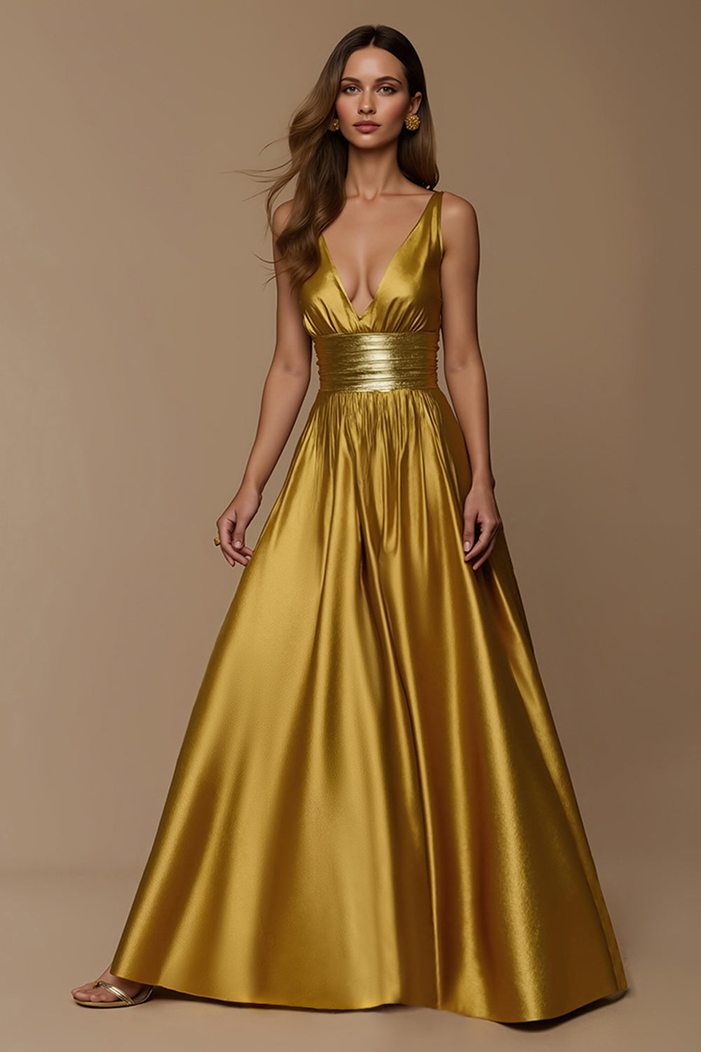 Golden Deep V-Neck A Line Long Holiday Party Dress