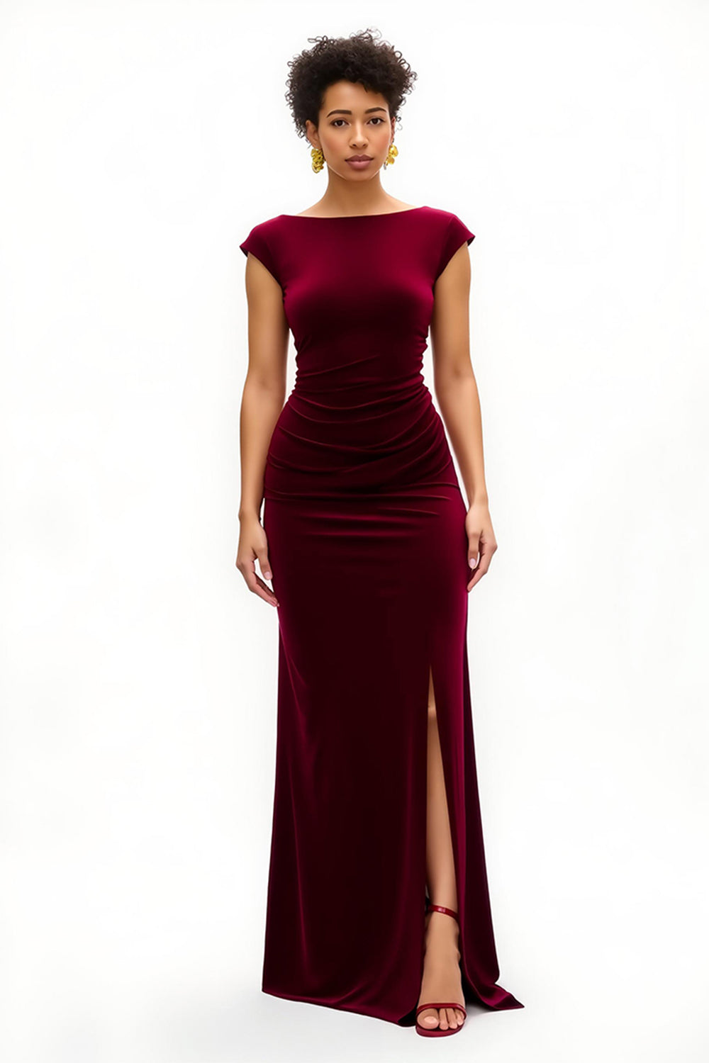 Burgundy Boat Neck Cap Sleeves Long Holiday Party Dress with Slit