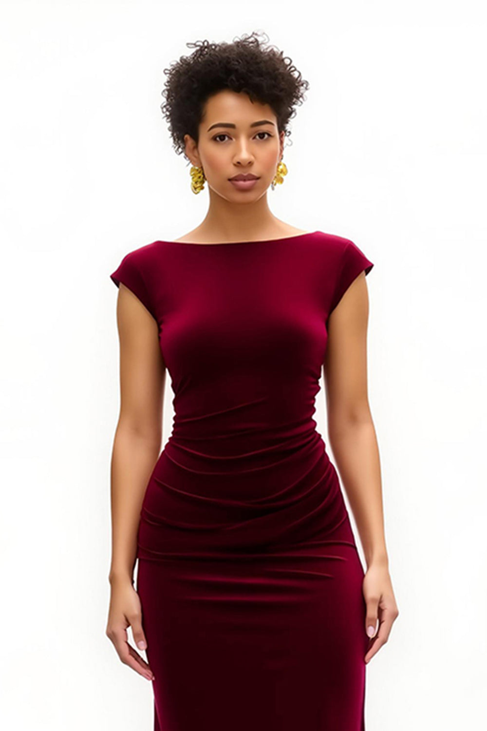 Burgundy Boat Neck Cap Sleeves Long Holiday Party Dress with Slit
