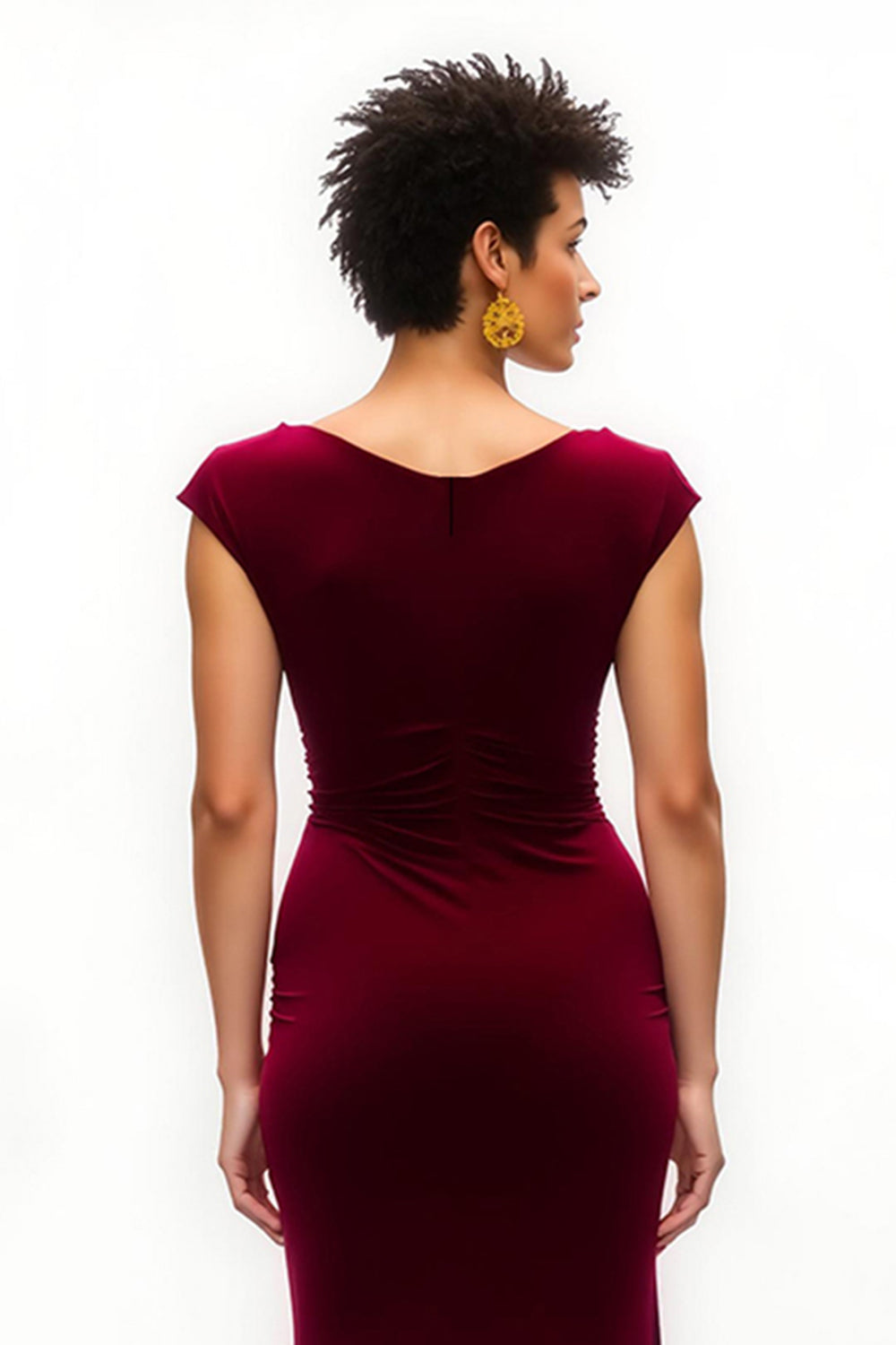 Burgundy Boat Neck Cap Sleeves Long Holiday Party Dress with Slit