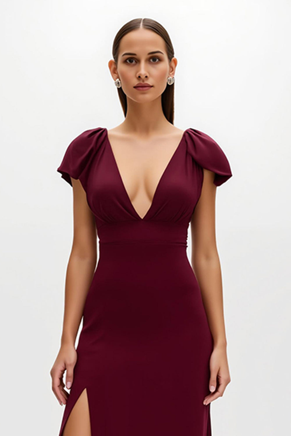 Burgundy Sheath V-Neck Long Holiday Party Dress with Slit
